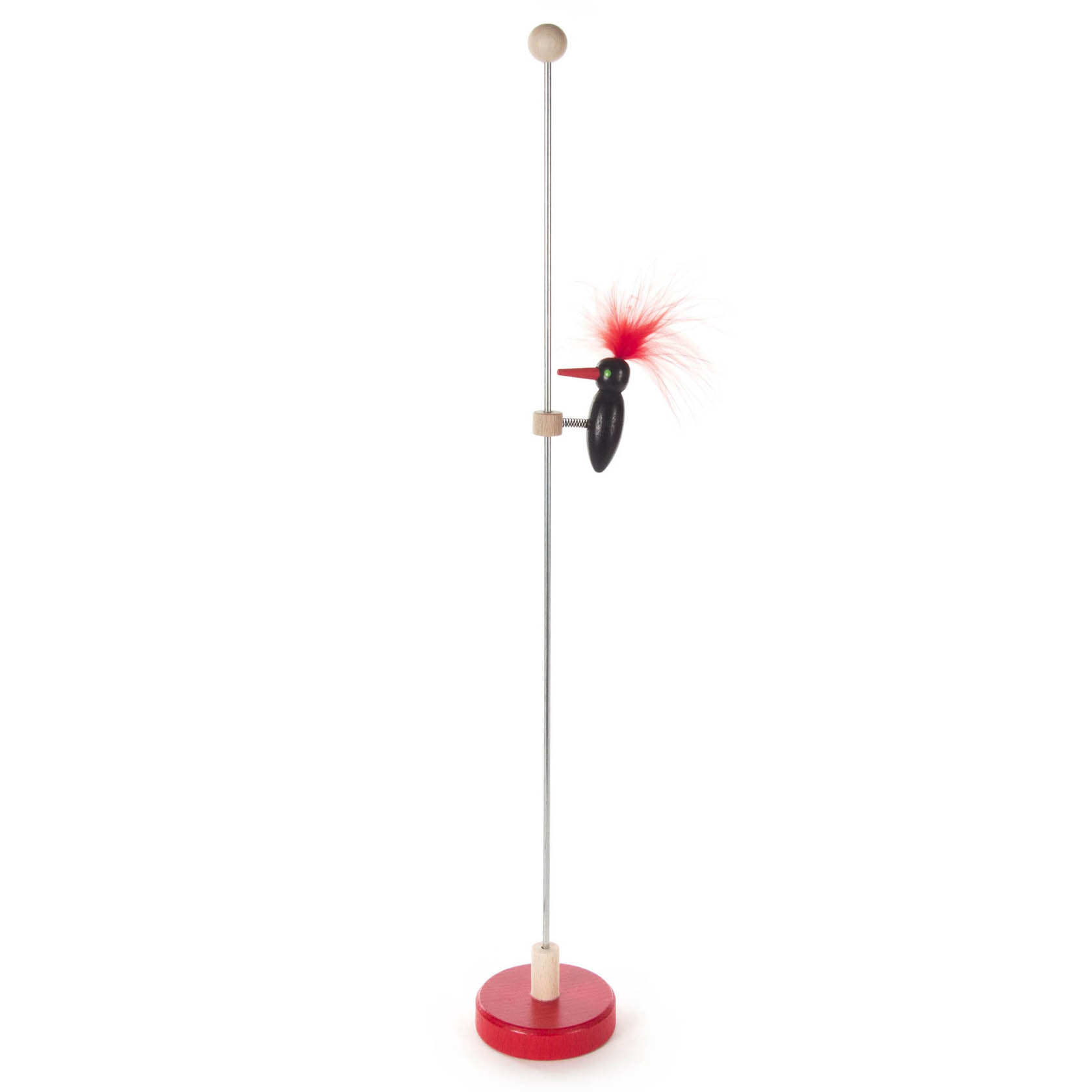 Ein schwarzer, hölzerner Klopfspecht mit rotem Federkamm sitzt auf einer Metallstange und hat eine rote Basis. im Dregeno Online Shop günstig kaufen