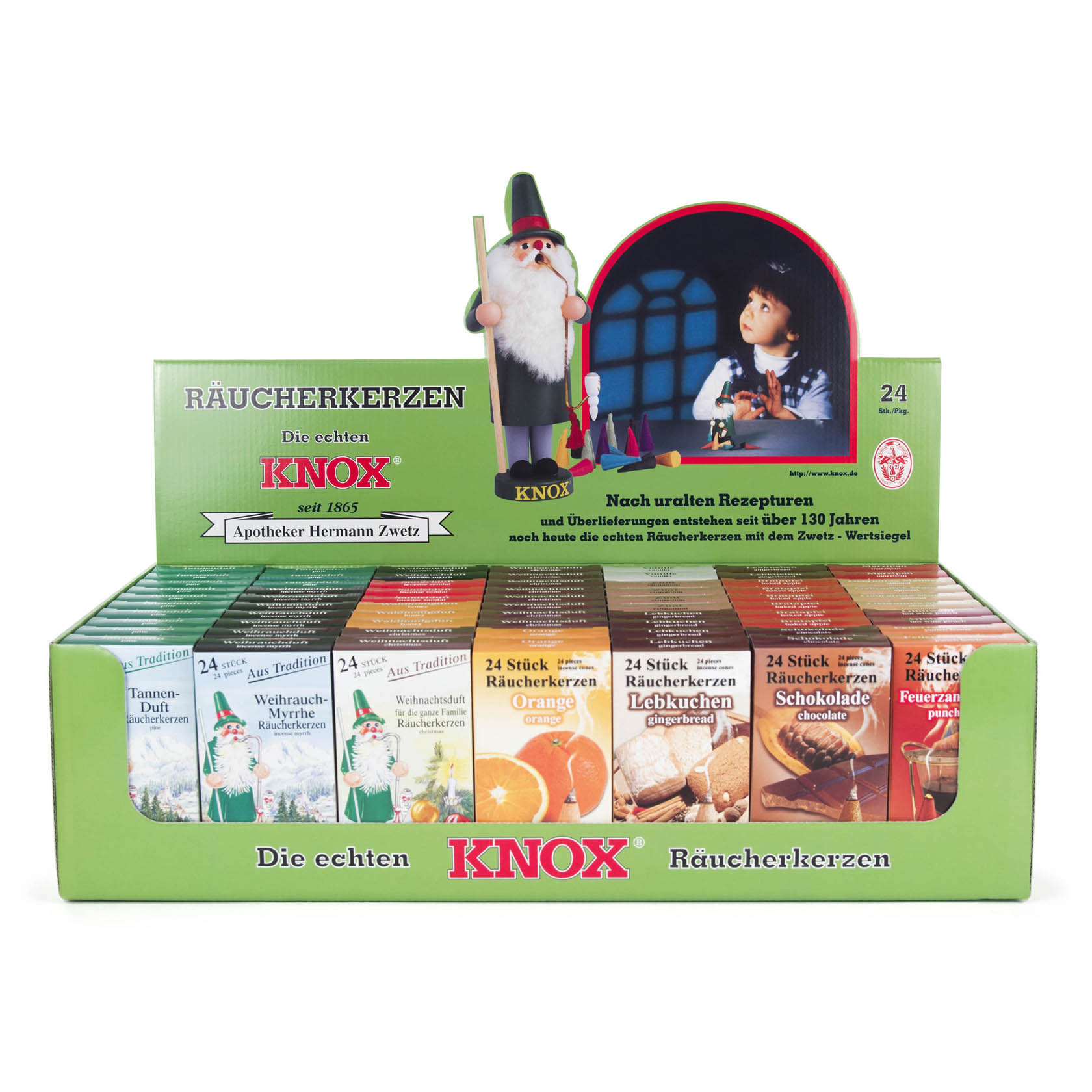 A display of KNOX incense cones with a total of 70 boxes, each containing 24 pieces. The display features various scents and a festive design with Santa. im Dregeno Online Shop günstig kaufen