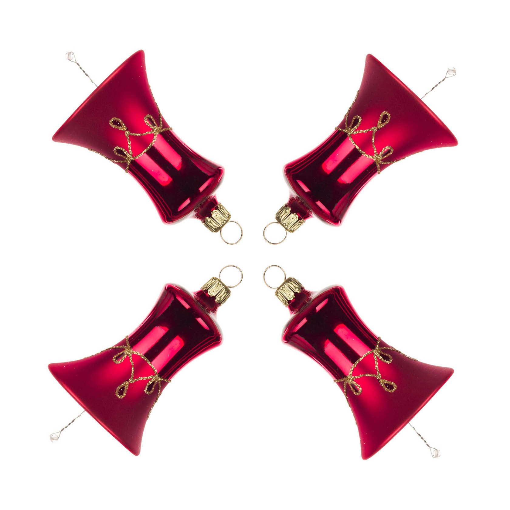 Four red matte bell-shaped Christmas ornaments with a gold drop pattern, arranged in a symmetrical pattern. im Dregeno Online Shop günstig kaufen