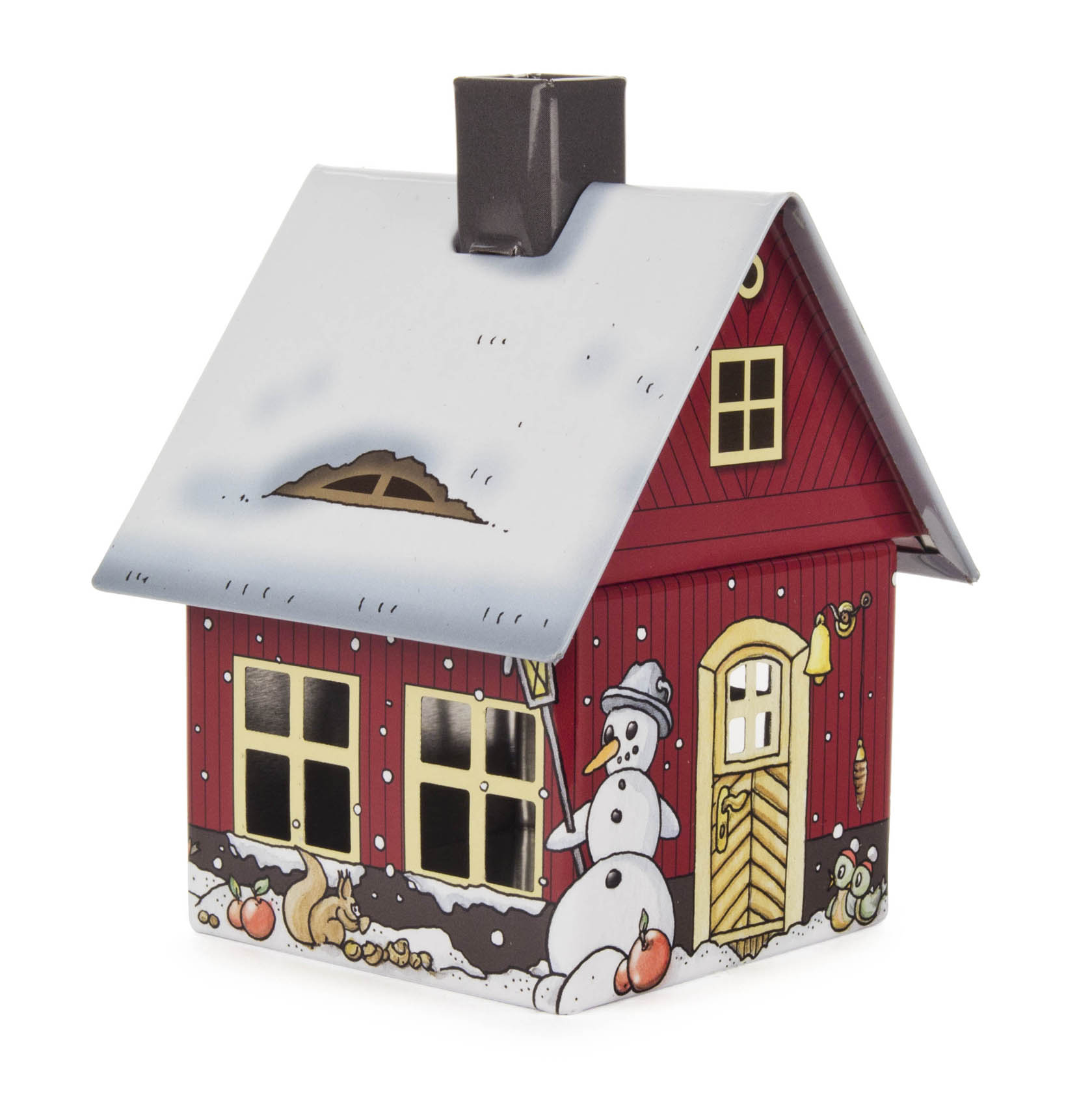 Metallräucherhaus mit einem Wintermotiv, das einen schneebedeckten Schneemann vor einem roten Haus mit weißen Fensterrahmen zeigt. im Dregeno Online Shop günstig kaufen