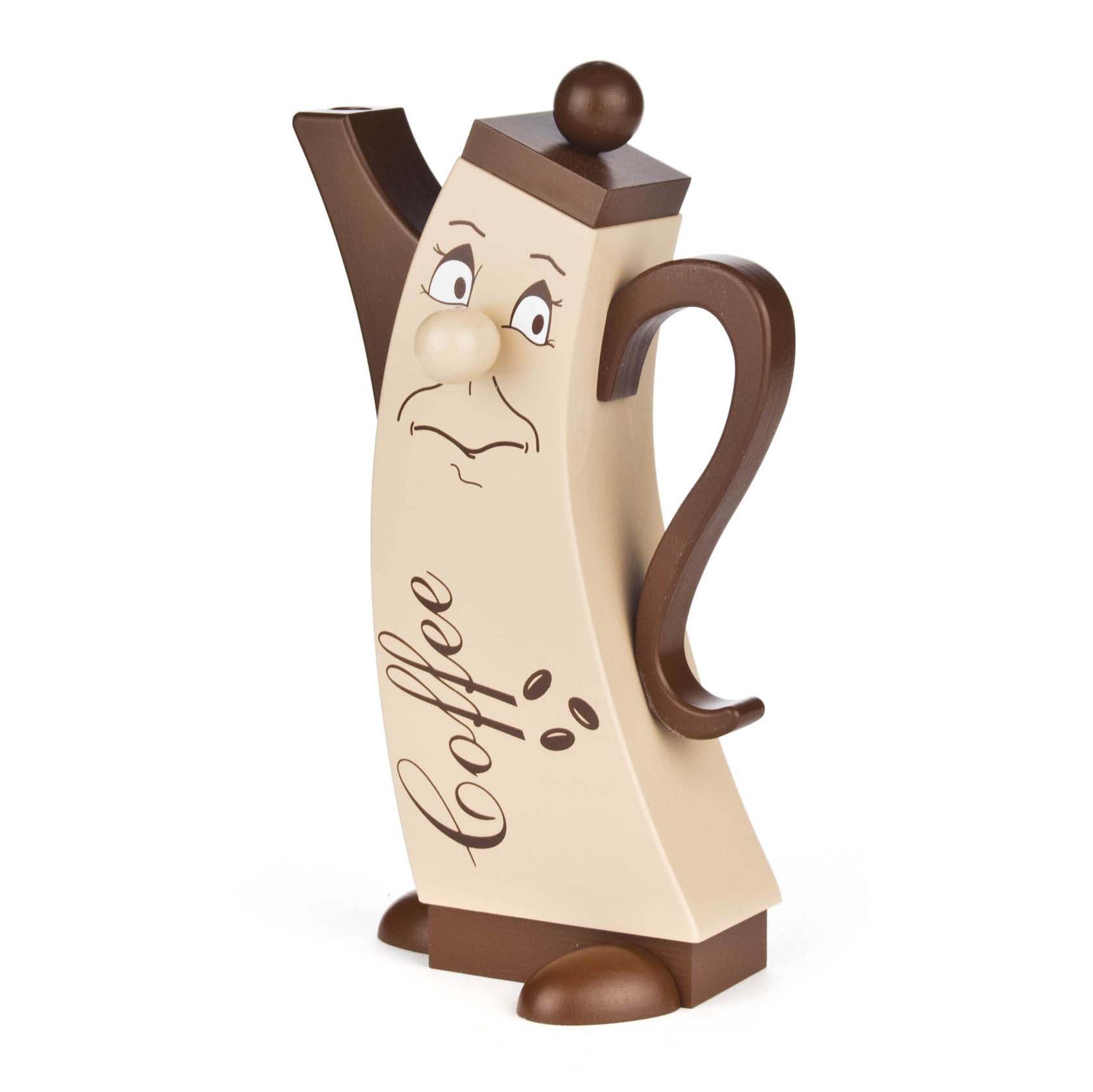Eine Räucherfigur in Form einer Kaffeekanne mit Gesicht, brauner Schriftzug 'Coffee' und Kaffeebohnen-Motiv. im Dregeno Online Shop günstig kaufen