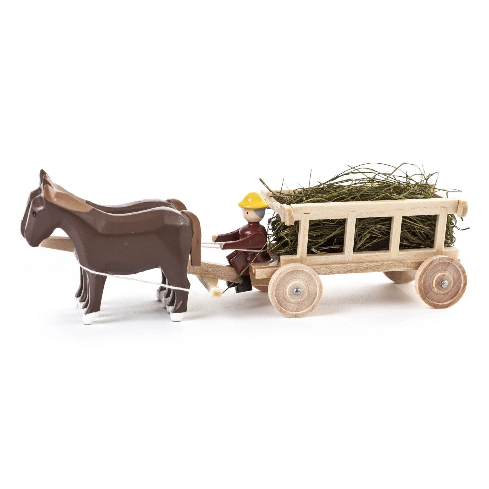 Holzspielzeug mit zwei Pferden, einem Leiterwagen mit Heu und einem kleinen Fahrer mit gelbem Hut. im Dregeno Online Shop günstig kaufen