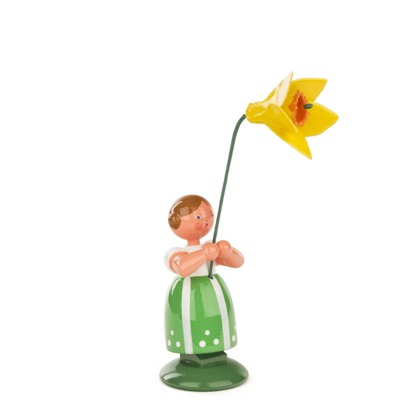 Holzfigur eines Blumenmädchens in grünem Kleid hält eine gelbe Narzisse. im Dregeno Online Shop günstig kaufen