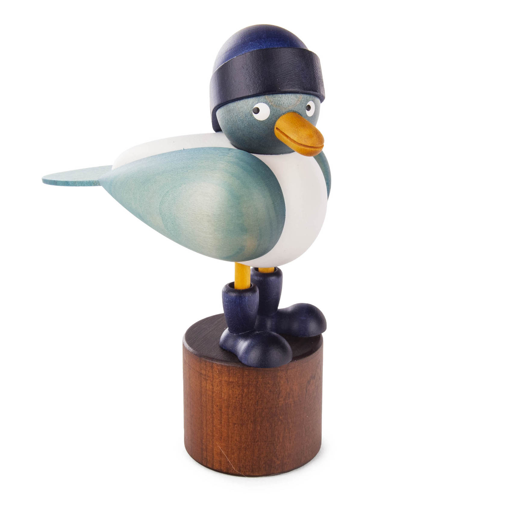 Holzfigur einer Sturmmöwe mit blauem Südwester-Hut und blauen Stiefeln, stehend auf einem hölzernen Sockel. im Dregeno Online Shop günstig kaufen