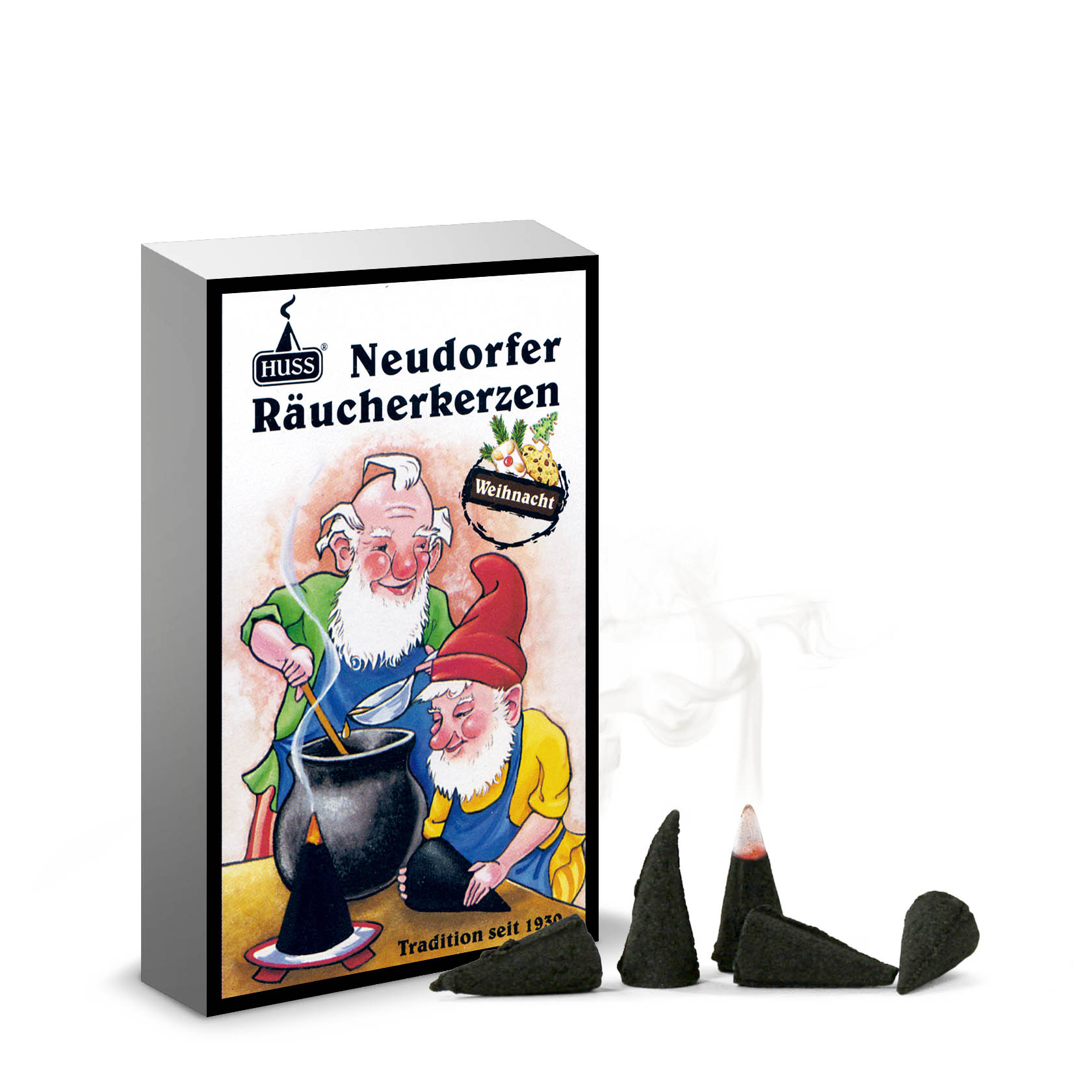 A package of Neudorfer Räucherkerzen featuring Christmas-themed incense cones with an illustration of two gnomes preparing incense in a pot. im Dregeno Online Shop günstig kaufen
