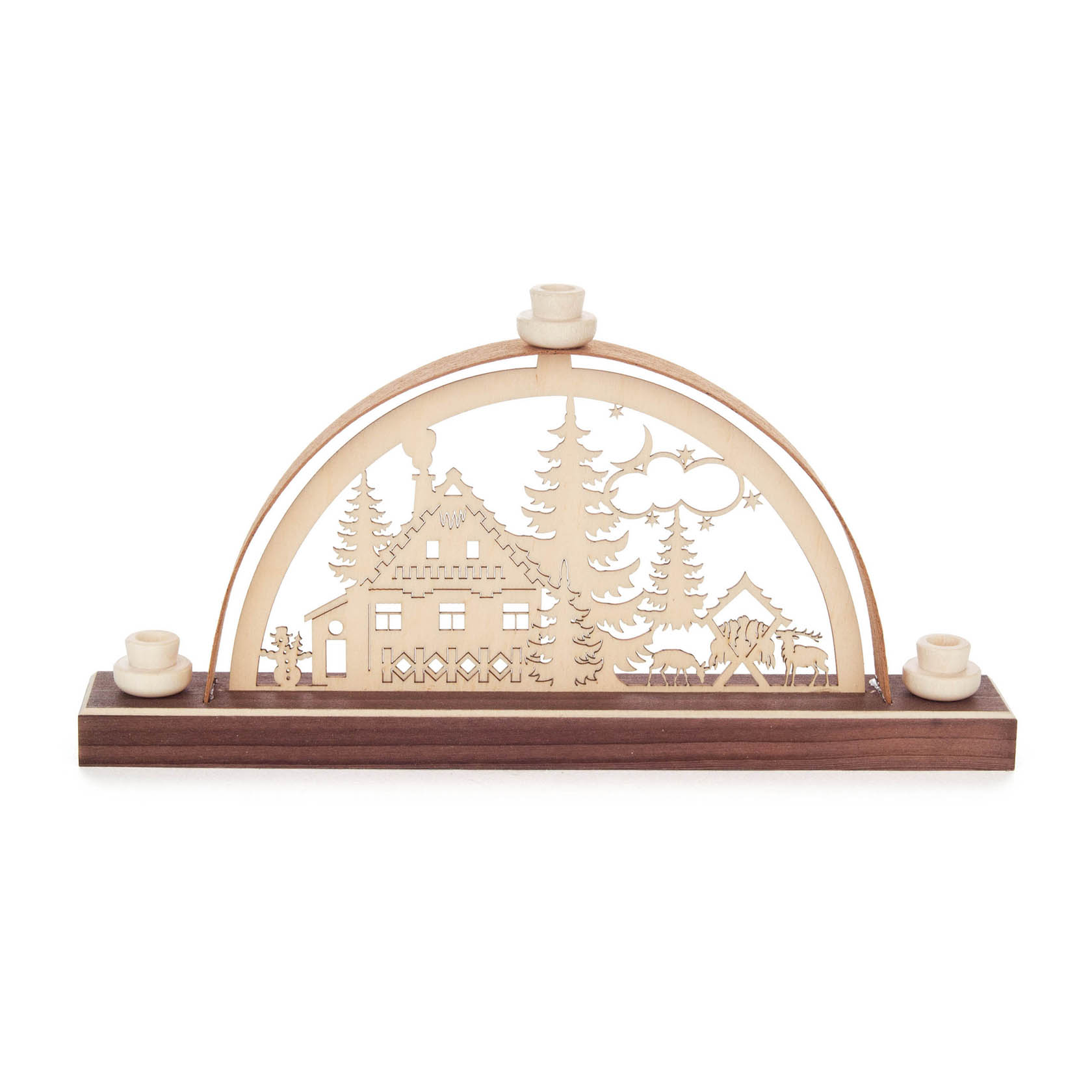 Ein Mini-Schwibbogen zeigt ein Waldhaus mit Tannenbäumen, einem Reh und einem Weihnachtsstern. Der Bogen trägt vier kleine Kerzenhalter. im Dregeno Online Shop günstig kaufen