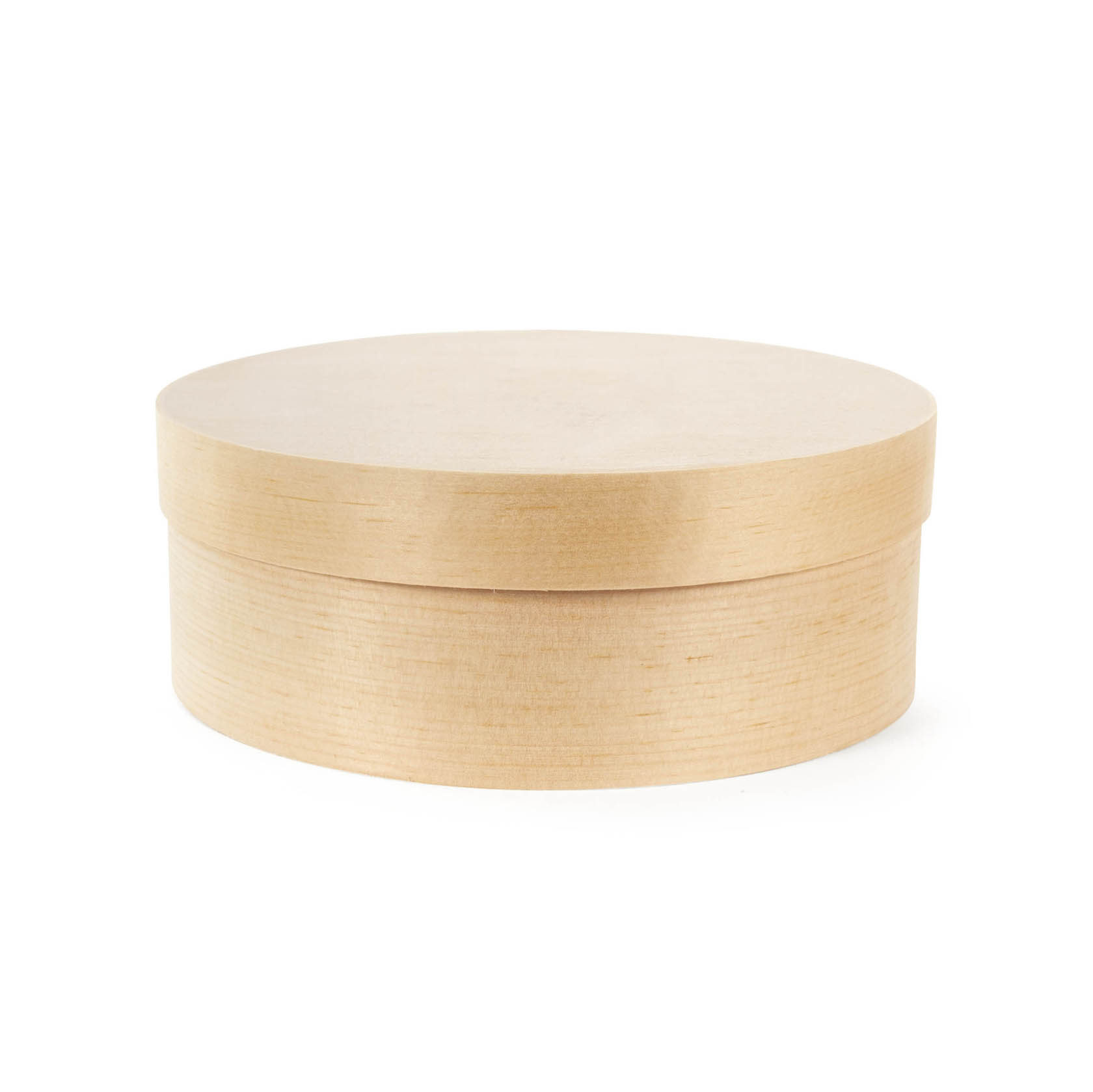 Runde, naturbelassene, flache Spanschachtel mit abnehmbarem Deckel. im Dregeno Online Shop günstig kaufen