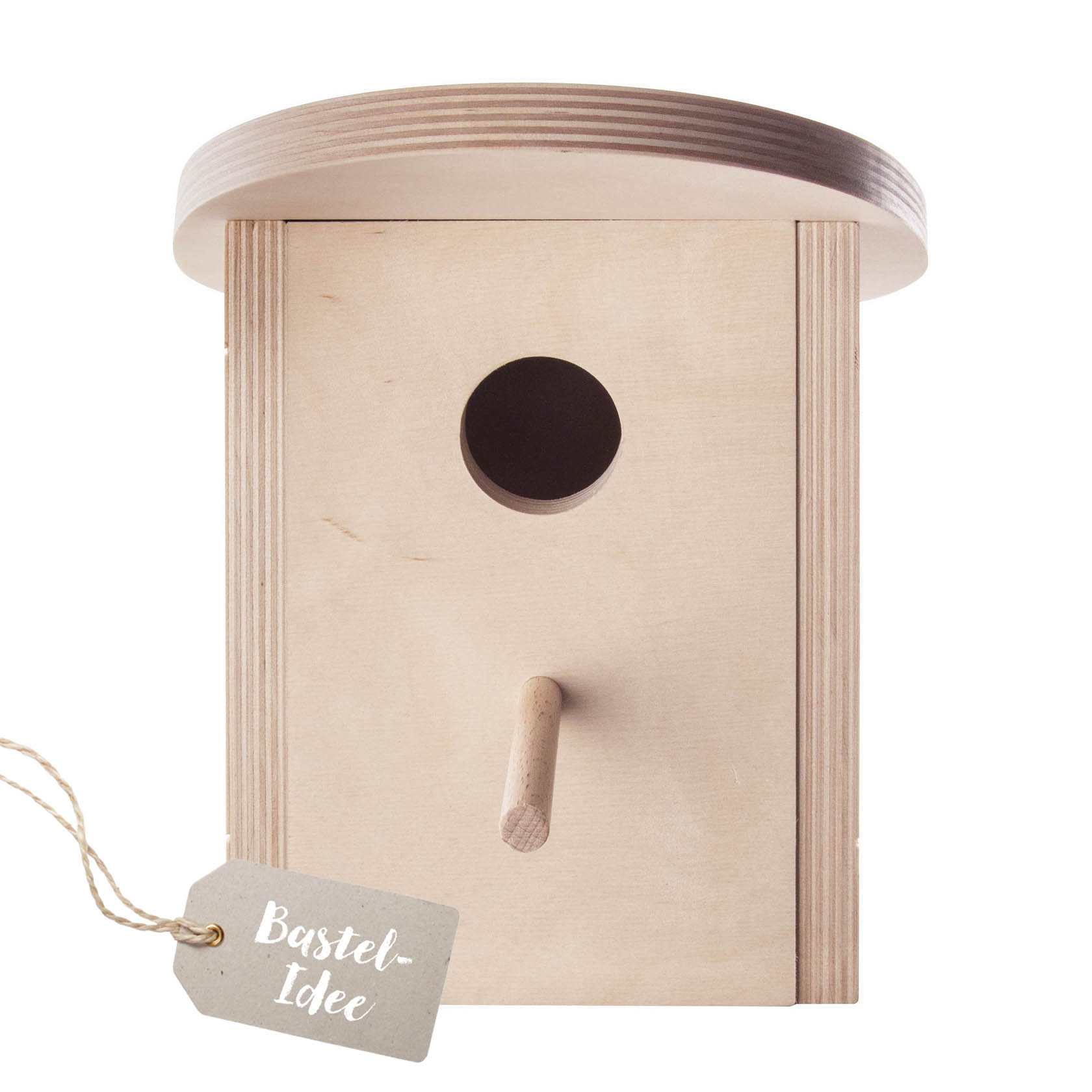 A wooden birdhouse kit featuring a small circular entrance and a perch below it, with a semicircular sloped roof on top. im Dregeno Online Shop günstig kaufen