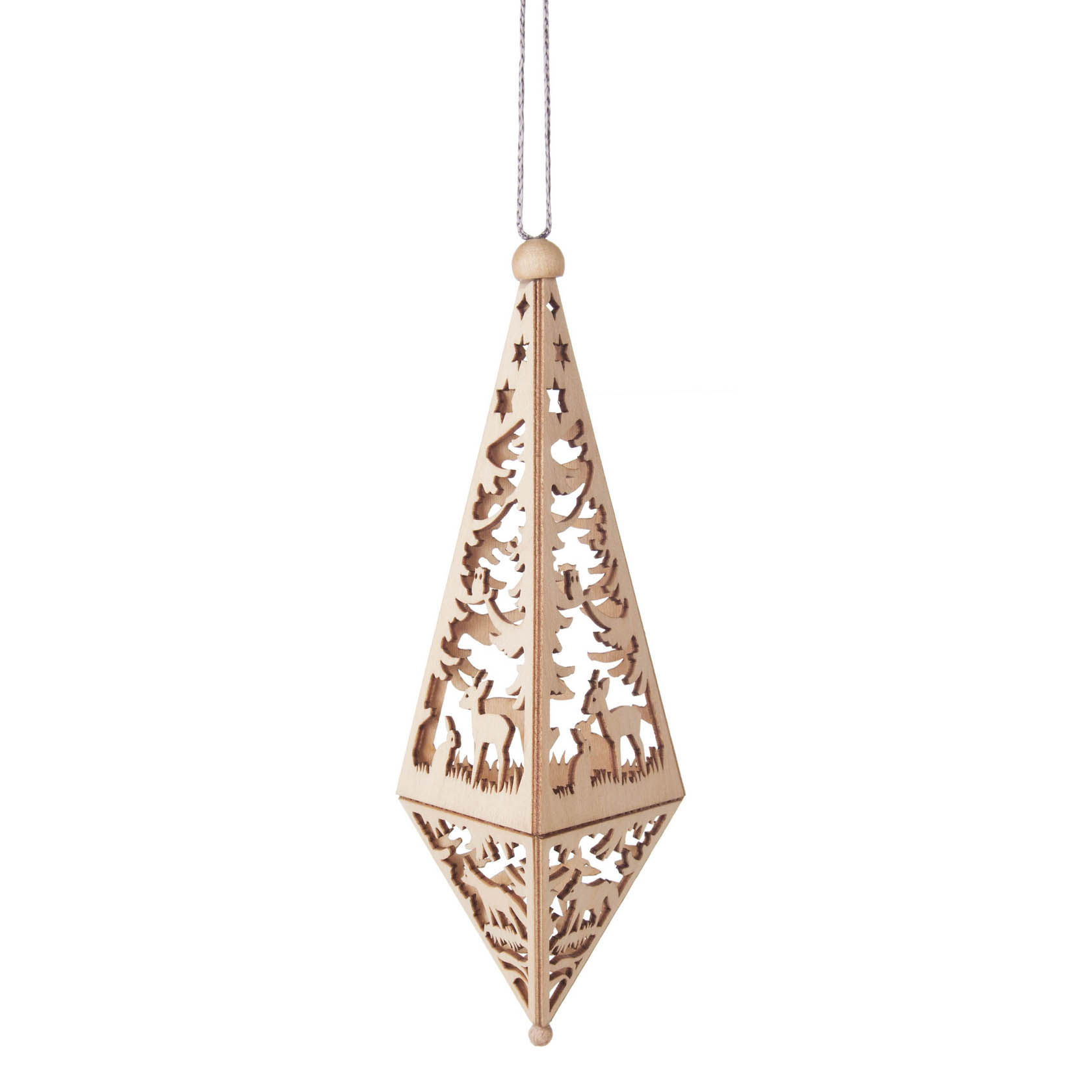 A wooden, pointed ornament with intricate cut-out forest motifs, featuring deer and trees, suspended by a string. im Dregeno Online Shop günstig kaufen