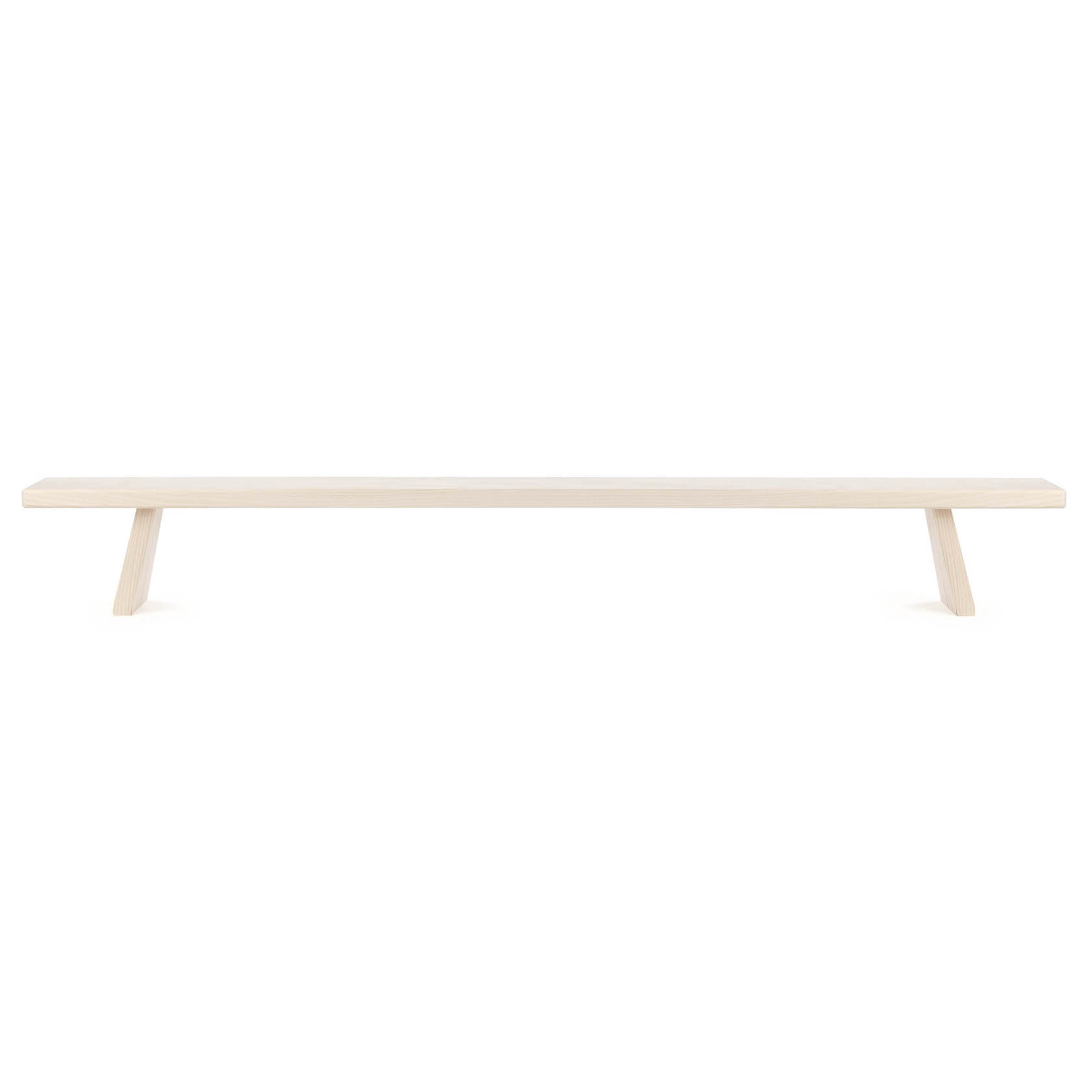 Eine minimalistische, helle Holzbank mit einer Länge von 80 cm und zwei schräg gestellten Beinen, die zerlegbar ist. im Dregeno Online Shop günstig kaufen