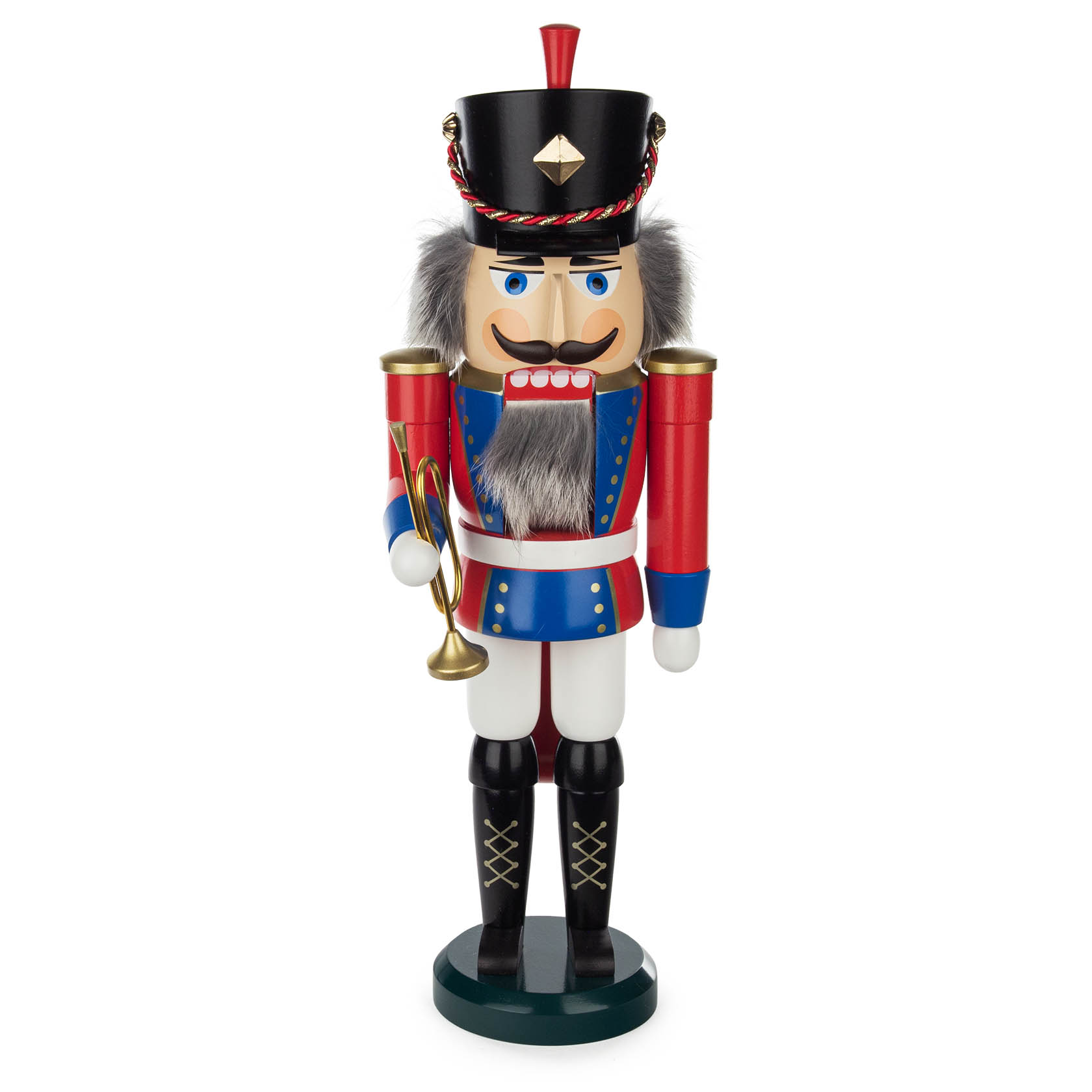 A 39cm tall nutcracker figure dressed as a trumpeter in a blue, red, and white uniform, holding a gold trumpet, with a black hat and fur details. im Dregeno Online Shop günstig kaufen