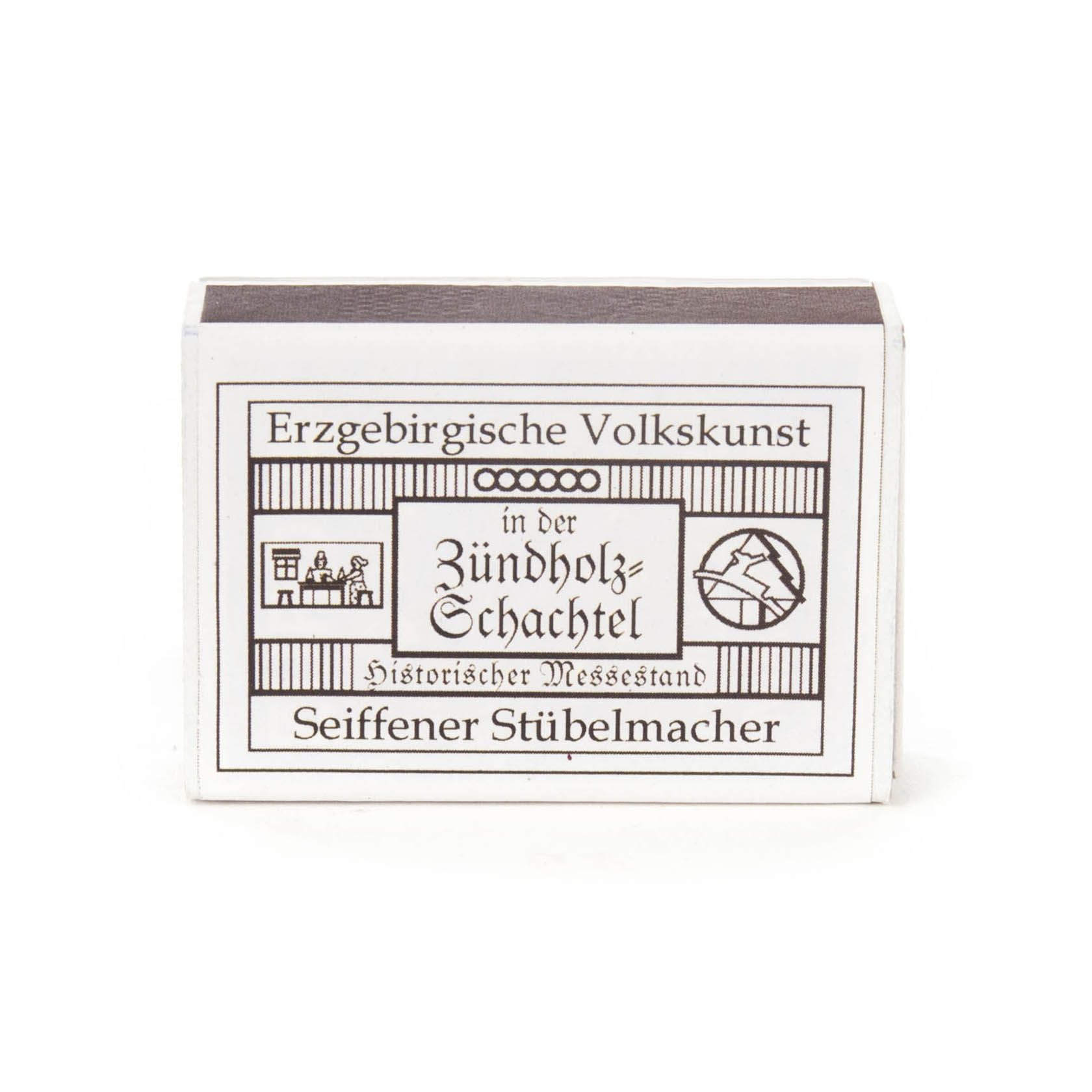Große Zündholzschachtel mit Aufschrift 'Erzgebirgische Volkskunst in der Zündholzschachtel Historischer Messestand Seiffener Stübelmacher'.