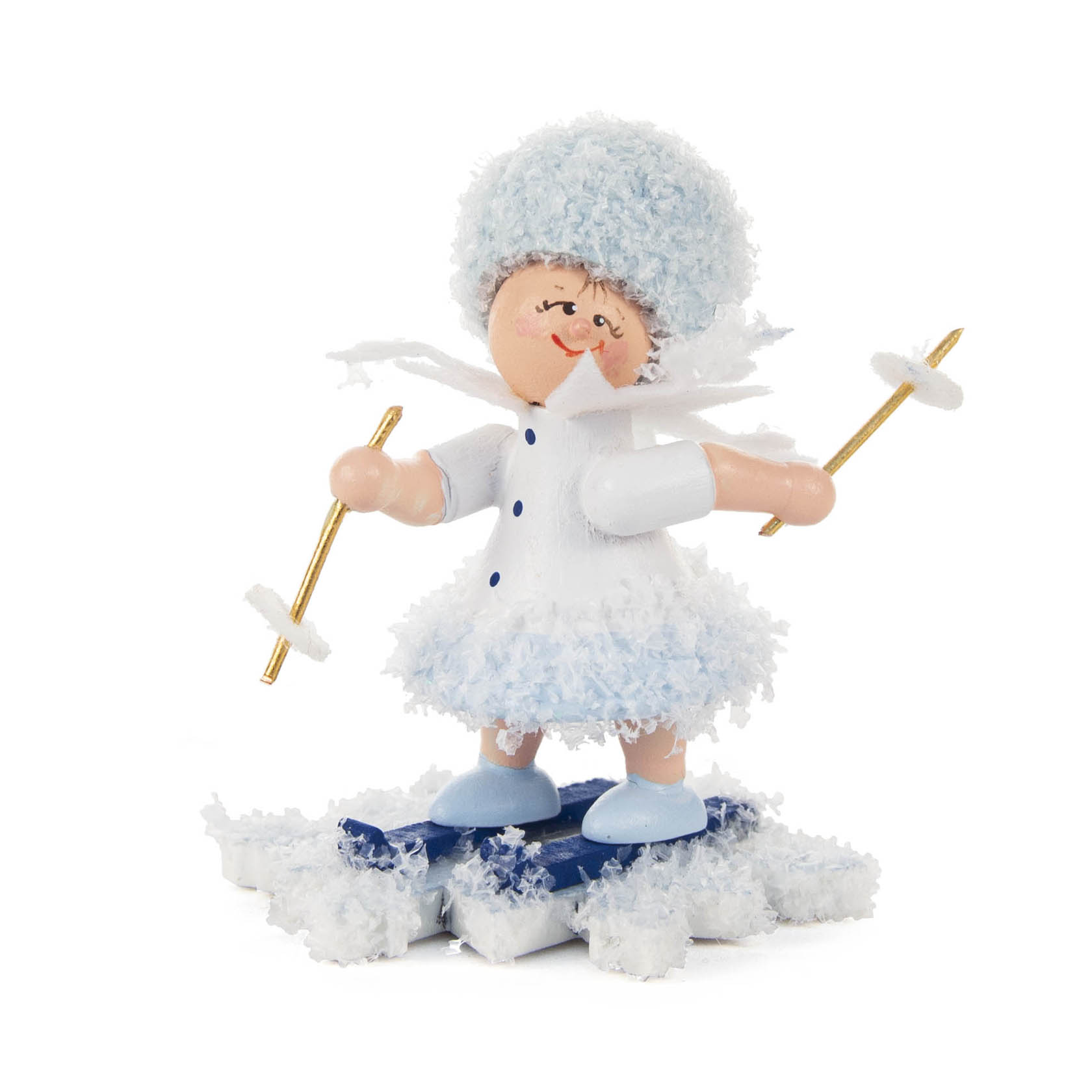 Holzfigur eines Skifahrers in Form eines Schneeflöckchens, mit weißen und blauen Details sowie Skiern und Stöcken. im Dregeno Online Shop günstig kaufen