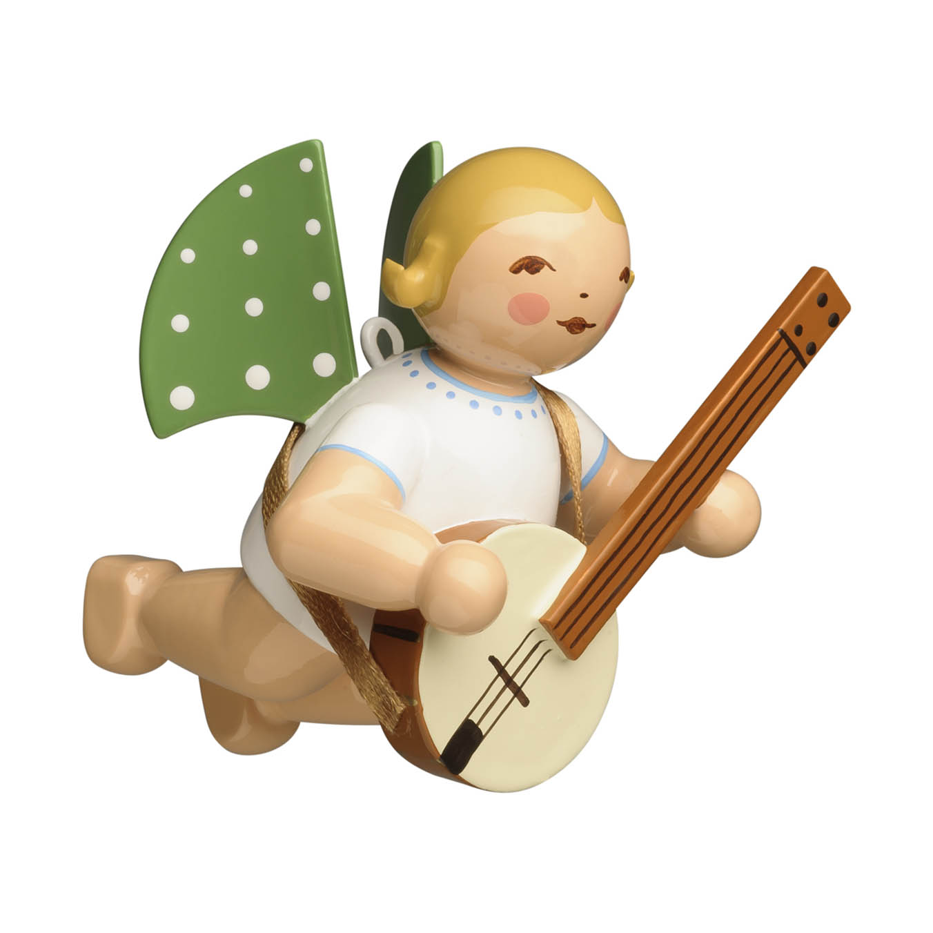 Holzfigur eines Engels mit grünen Flügeln und Banjo, schwebend in Spielzeugstil gestaltet. im Dregeno Online Shop günstig kaufen