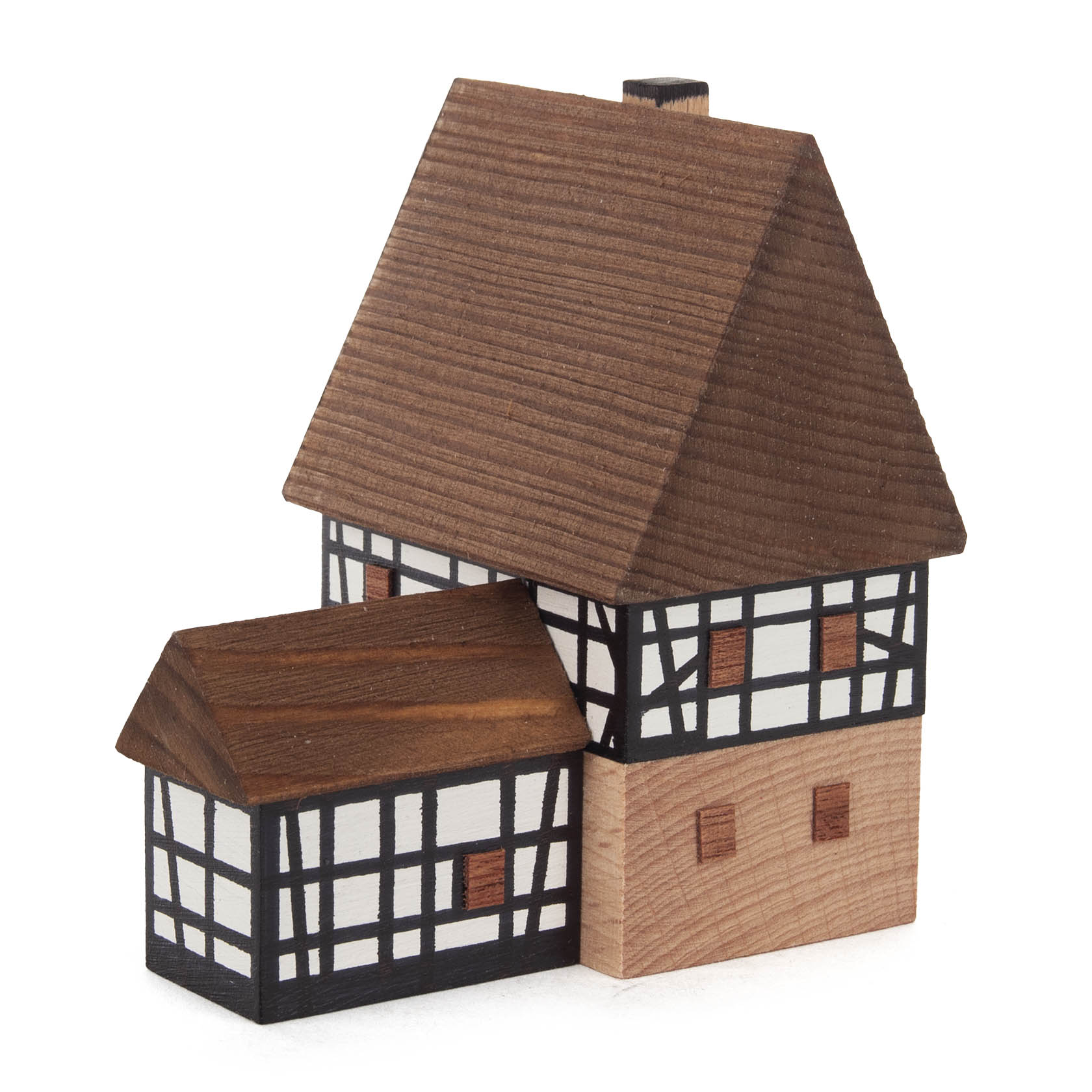 Miniaturmodell eines Fachwerkhauses mit zwei verbundenen Gebäuden, das größere hat ein hohes, spitzes Dach. im Dregeno Online Shop günstig kaufen