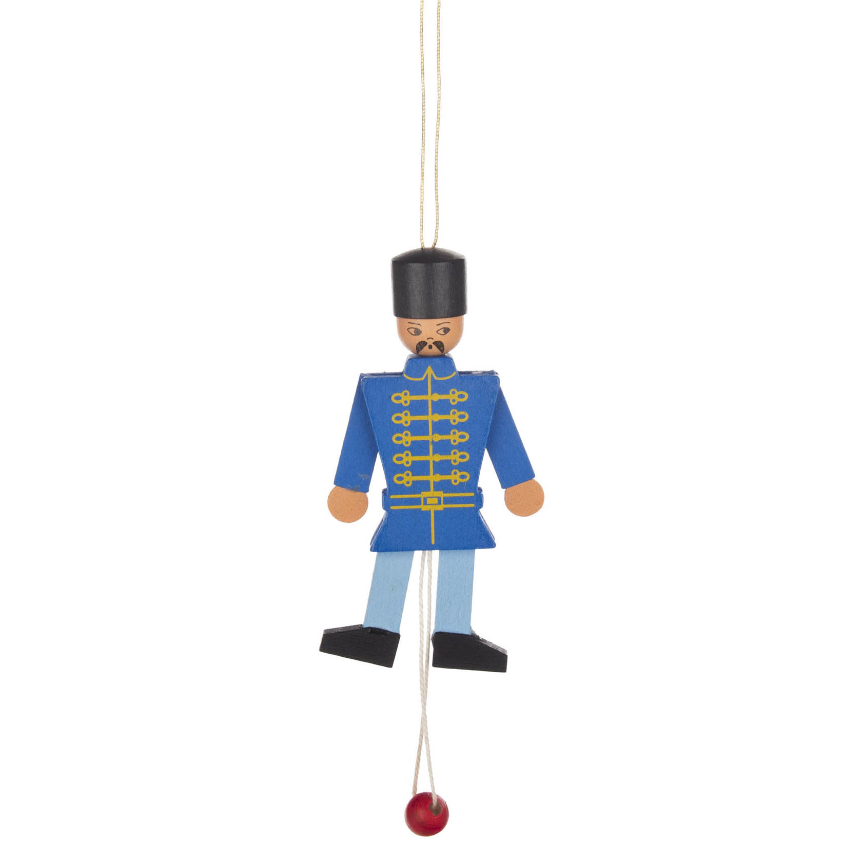 Ein funktionsfähiger Hampelmann-Soldat aus Holz in blauer Uniform mit schwarzem Hut, an einer Schnur hängend mit einem roten Zugknopf. im Dregeno Online Shop günstig kaufen