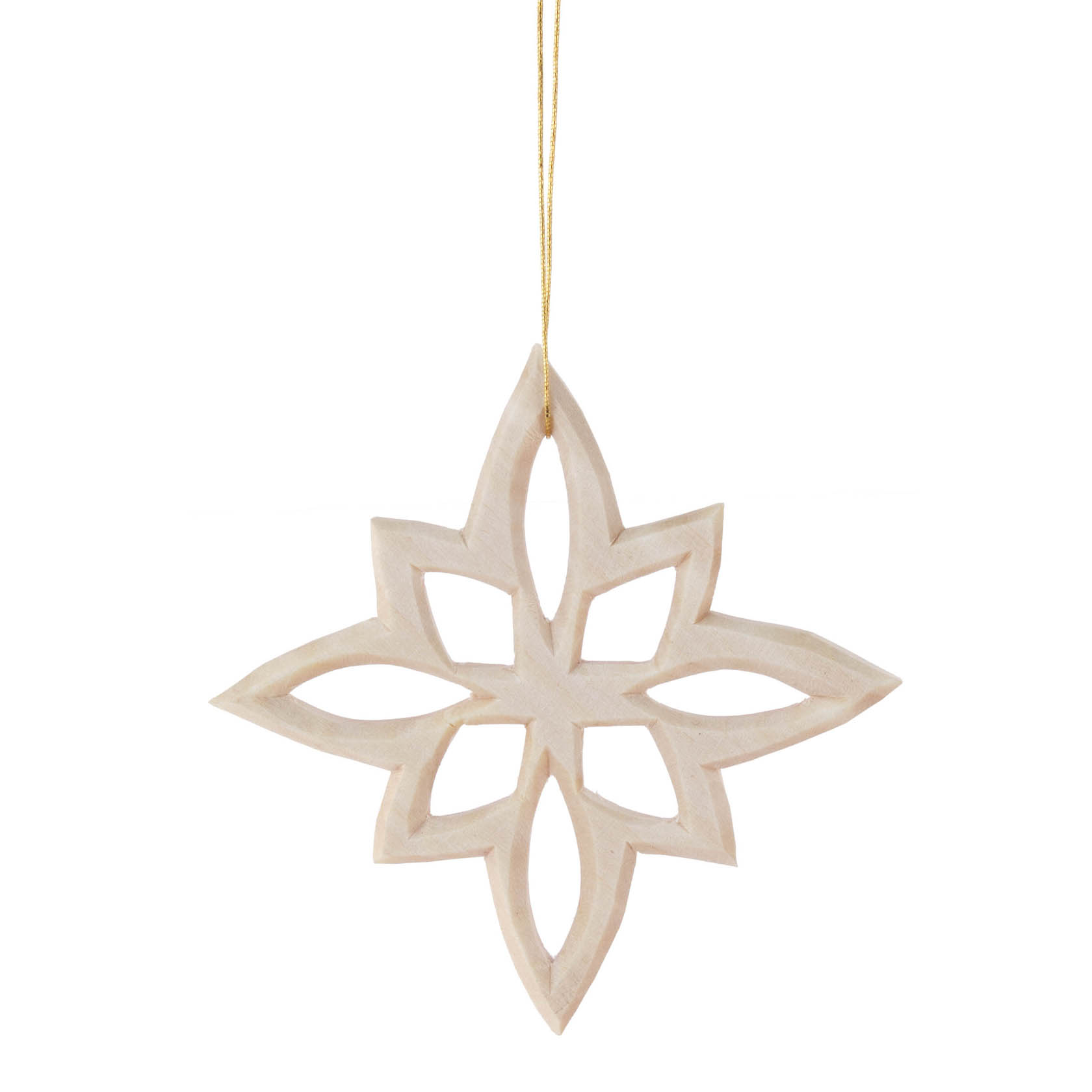Ein geschnitzter, sternförmiger Anhänger aus Holz mit einem goldenen Faden zum Aufhängen. im Dregeno Online Shop günstig kaufen