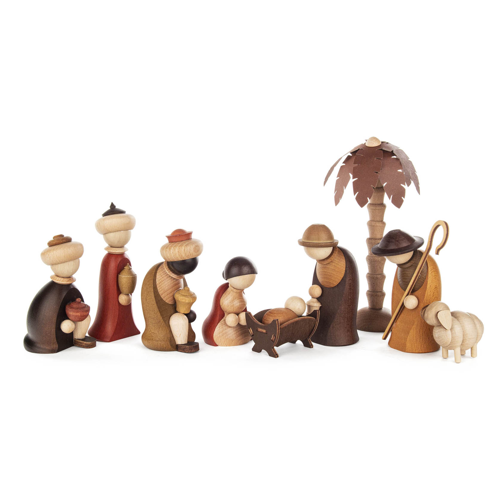 Neun hölzerne Krippenfiguren, darunter Maria, Josef, das Jesuskind, die Heiligen Drei Könige, ein Hirte mit Schaf und eine Palme im Hintergrund. im Dregeno Online Shop günstig kaufen