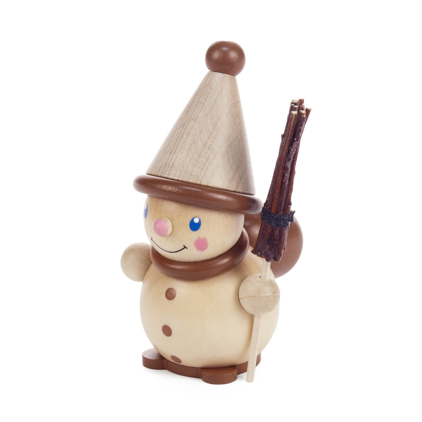 Holzwichtel mit Spitzhut, lächelnd, hält einen Besen in der einen und einen Sack in der anderen Hand, ideal als Dekoration für Vario-Leuchter. im Dregeno Online Shop günstig kaufen