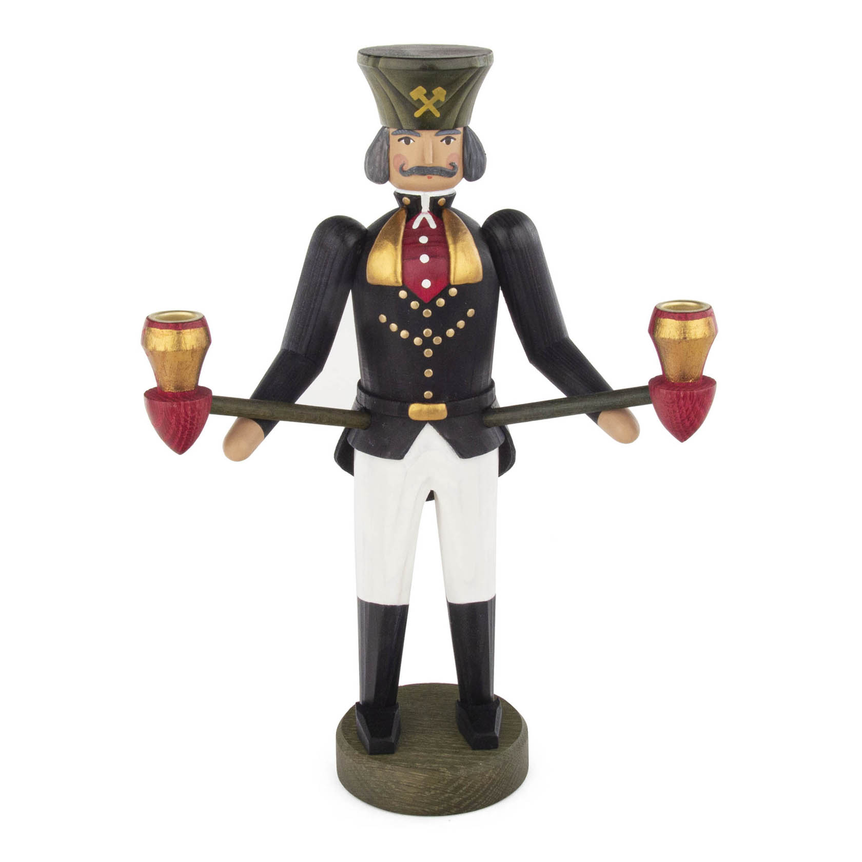 Wooden miner figure with a black hat, holding two candle holders, wearing a black and white uniform with a red tie and gold details. im Dregeno Online Shop günstig kaufen