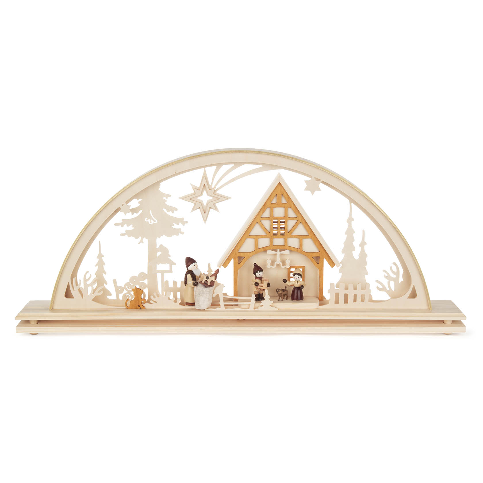 An illuminated wooden arch featuring a Christmas scene with a house, a snowman, trees, and children celebrating, all lit by LED lights. im Dregeno Online Shop günstig kaufen