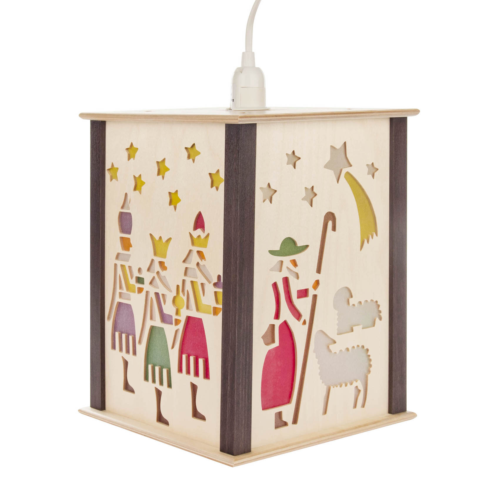Holzlaterne mit ausgeschnittenen und bunten Darstellungen von drei Königen, einem Hirten mit Schafen und einem Sternenhimmel. im Dregeno Online Shop günstig kaufen