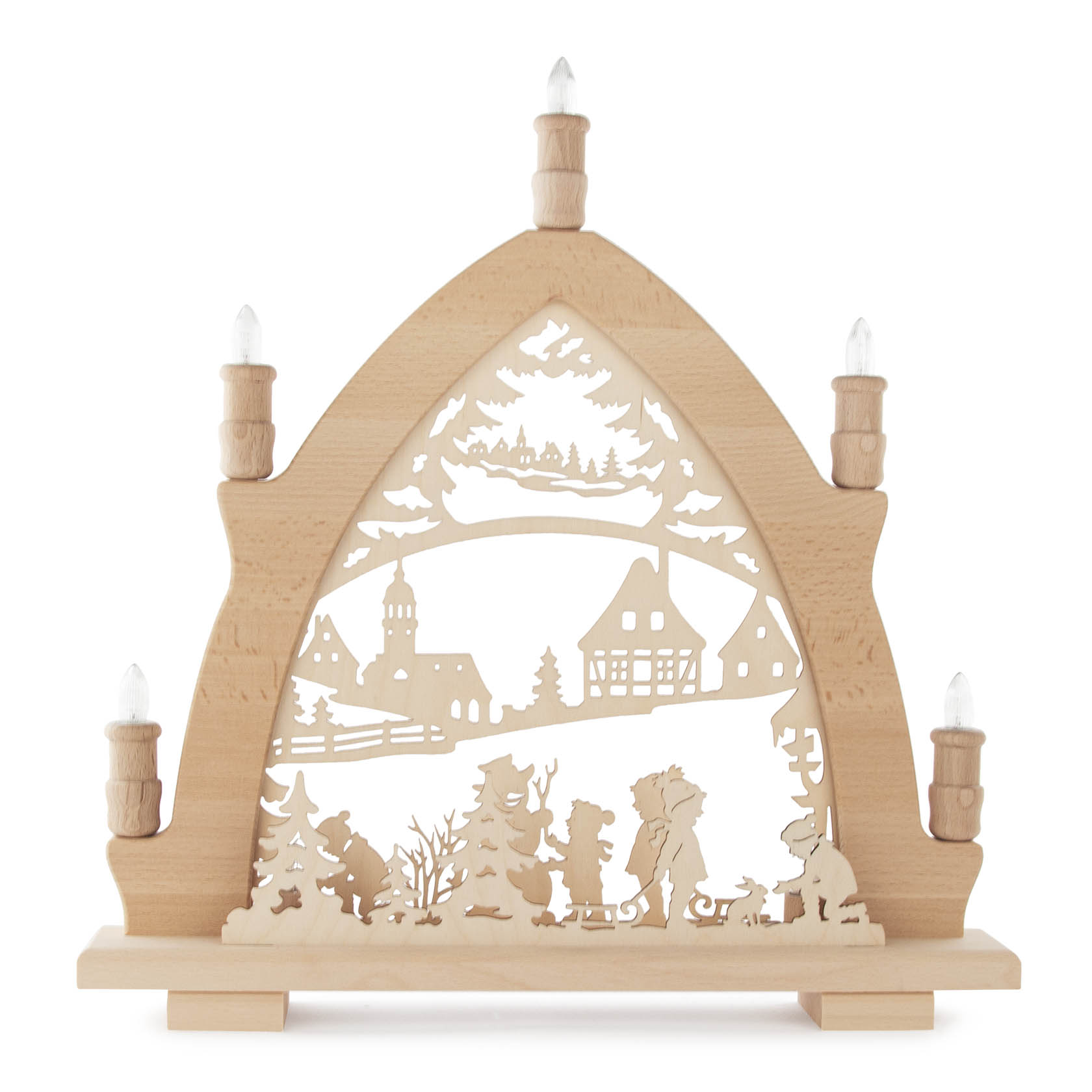 Holzleuchterbogen aus Buche mit LED-Beleuchtung; zeigt Winterkinder-Szene mit Bäumen, einer Kirche und einem Haus im Hintergrund. im Dregeno Online Shop günstig kaufen