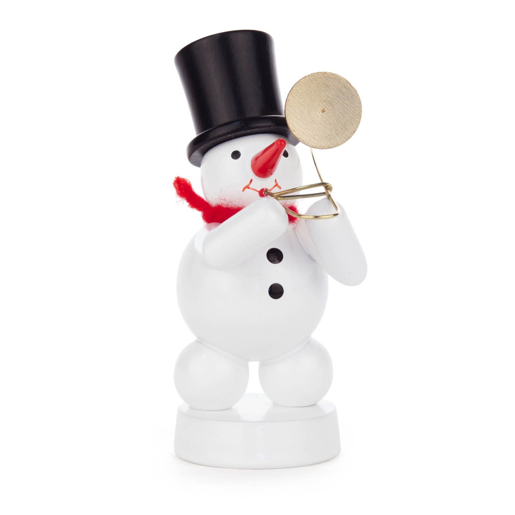 Holzschneemann mit rotem Schal und Posaune, trägt einen schwarzen Zylinderhut. im Dregeno Online Shop günstig kaufen
