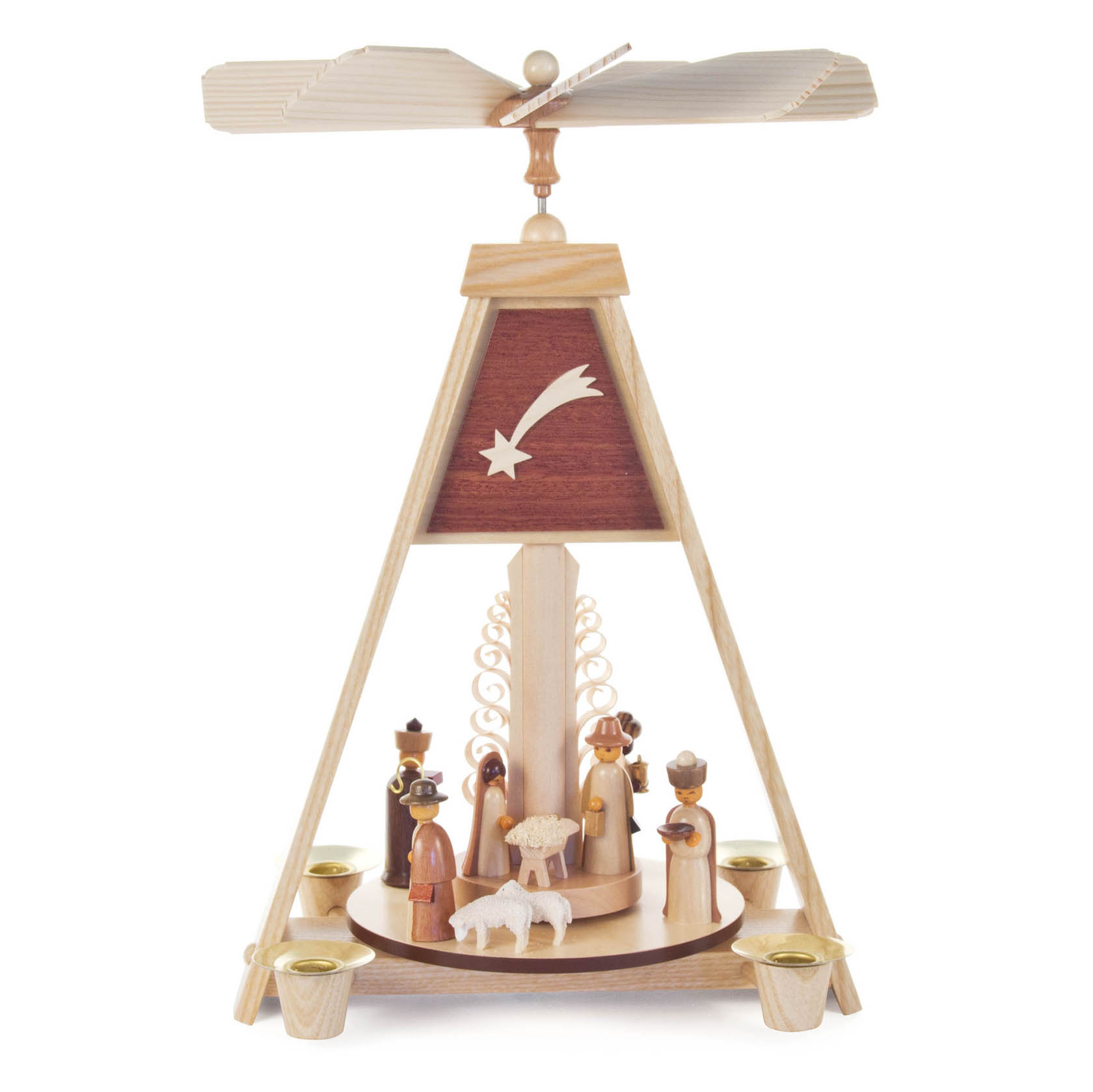 Holzpyramide mit Szene der Geburt Christi; drei Heilige, Maria, Josef, Jesuskind in Krippe und Schaf, mit Windmühlenflügel oben. im Dregeno Online Shop günstig kaufen