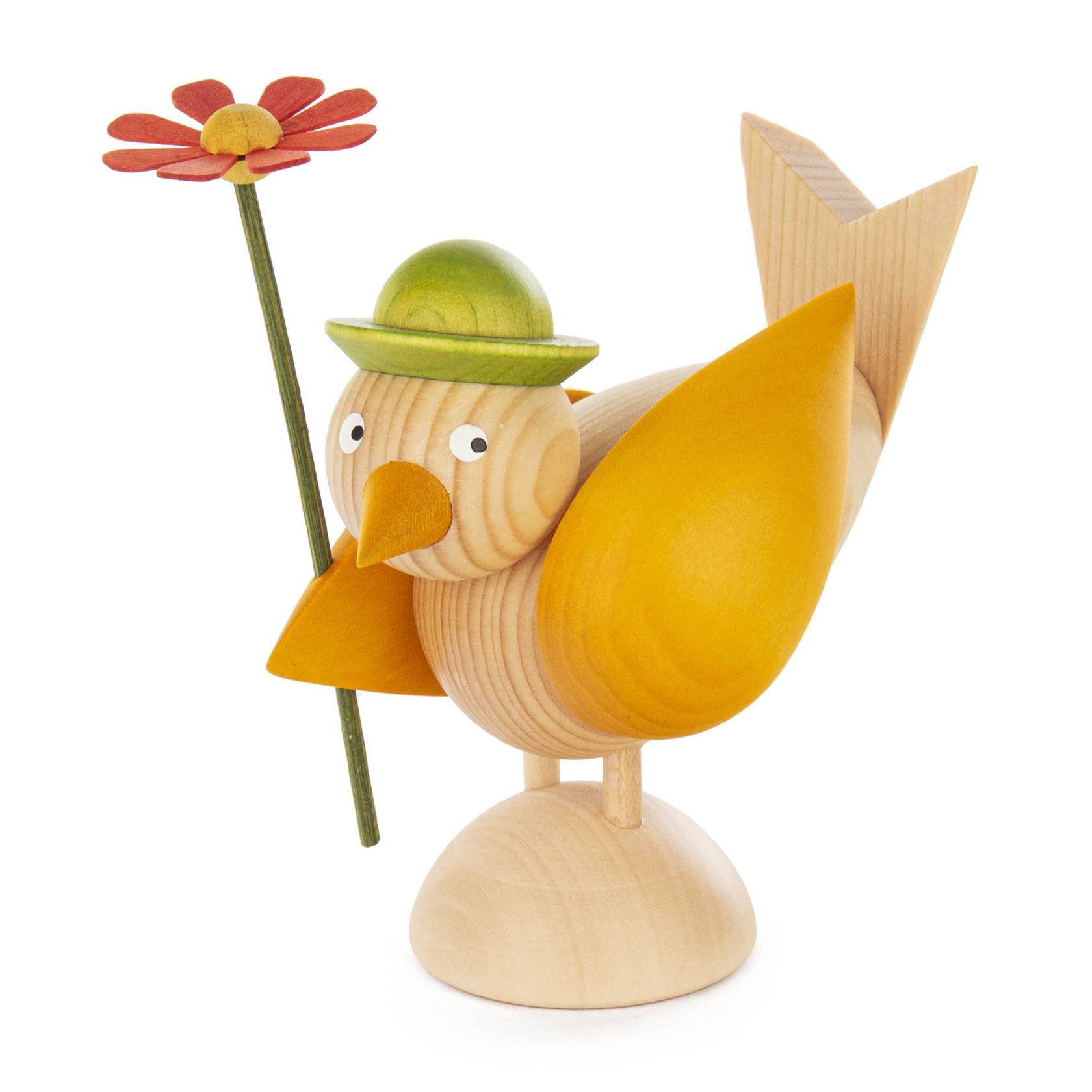 Holzfigur eines Vogels mit grünem Hut, der eine rote Blume mit gelbem Zentrum hält. im Dregeno Online Shop günstig kaufen