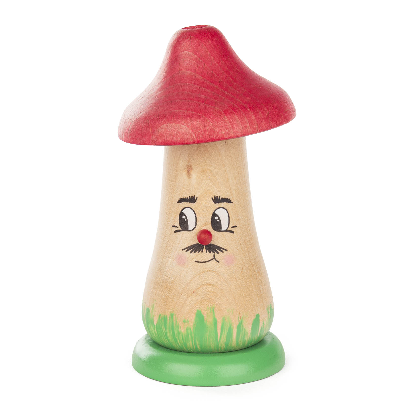 Holzfigur eines Räucherpilzes mit rotem Hut, bemaltem Gesicht und einem grünen Sockel. im Dregeno Online Shop günstig kaufen
