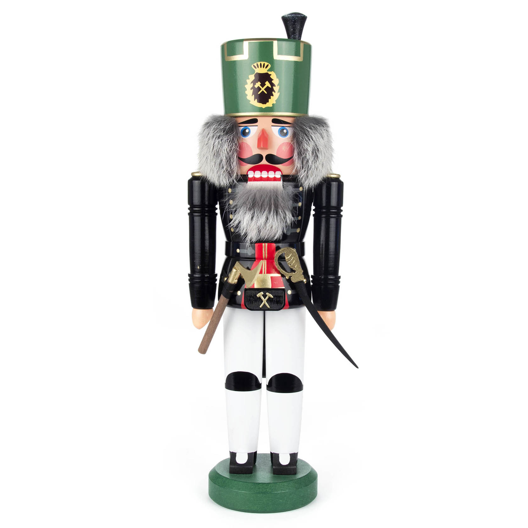 A tall, black and white miner-themed nutcracker with a gray beard and green hat, featuring intricate details, standing 44cm tall. im Dregeno Online Shop günstig kaufen