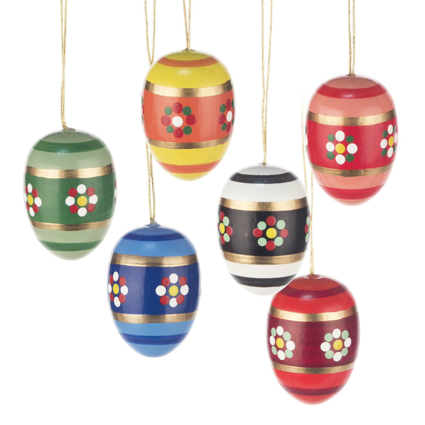 Sechs bunte Ostereier aus Holz, jeweils verziert mit goldenen Streifen und Blumenmuster, hängen an goldenen Fäden. im Dregeno Online Shop günstig kaufen