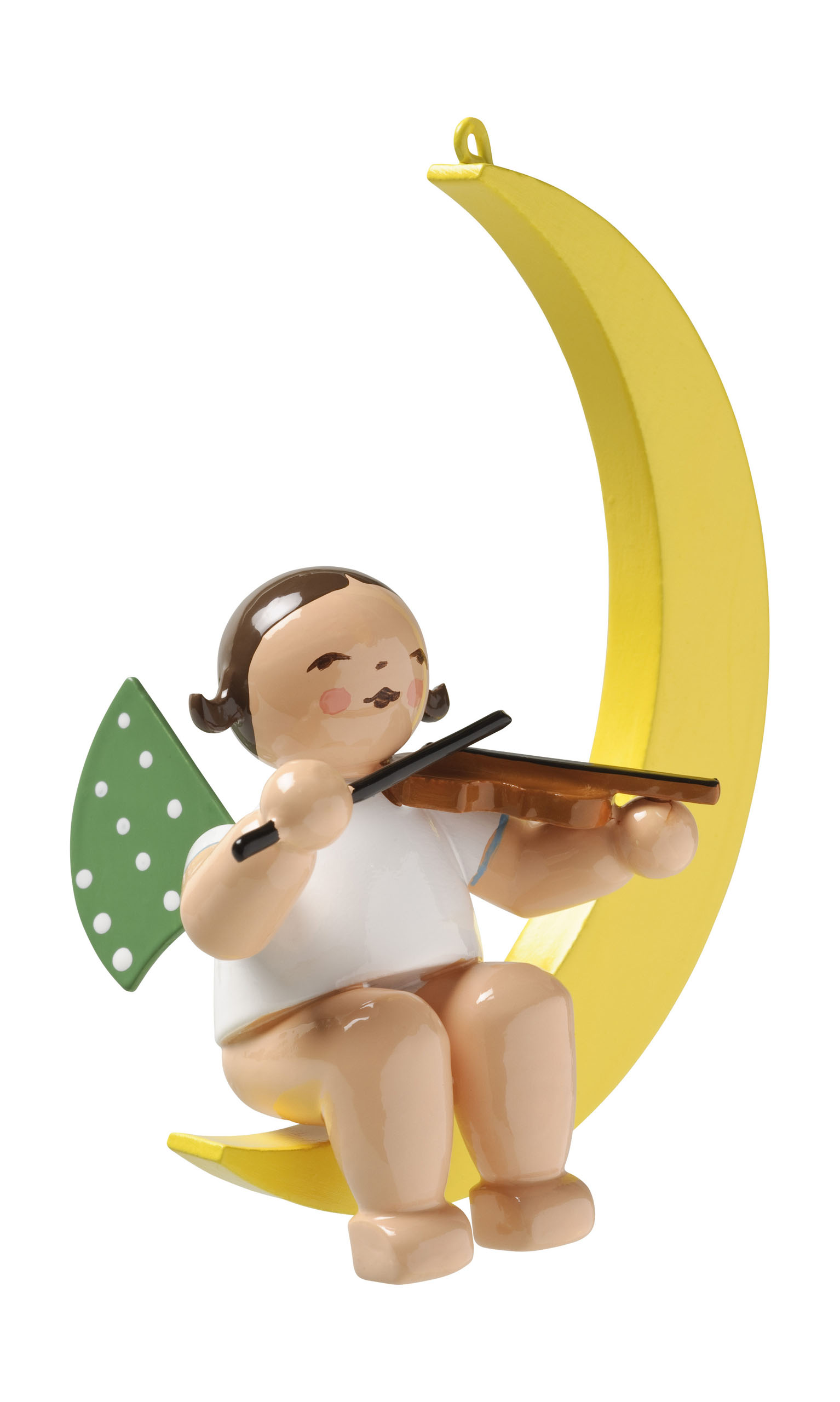 Holzengel mit Flügeln spielt Geige, sitzt auf gelbem Halbmond. Grüne Flügel mit weißen Punkten, Engel hat einen weißen Umhang. im Dregeno Online Shop günstig kaufen