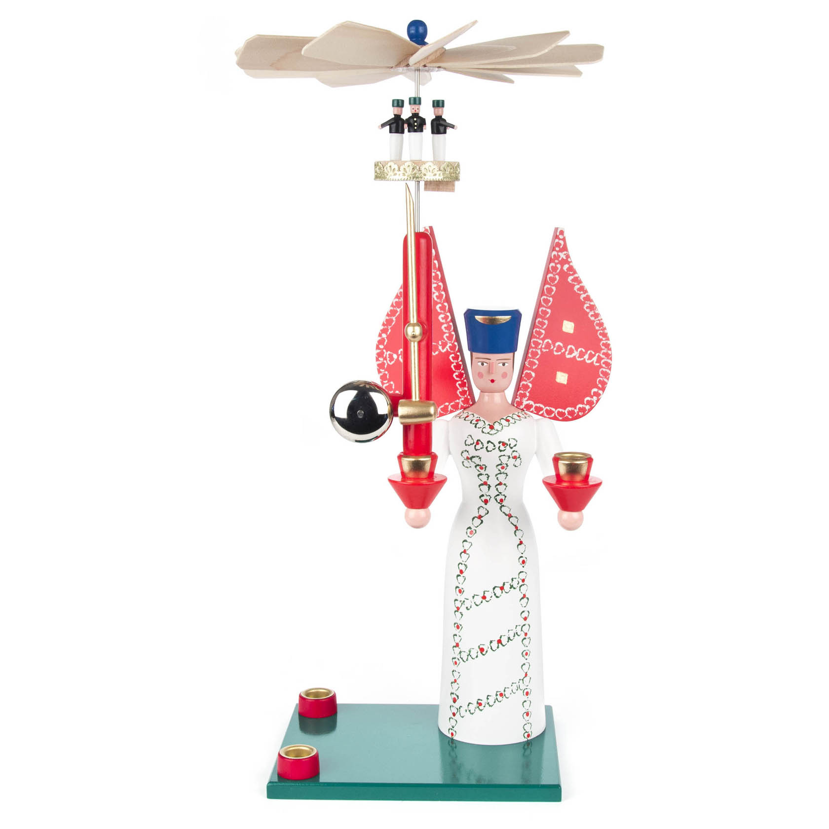 Holzengel mit roten Flügeln, der einen Kerzenhalter in jeder Hand hält. Oben dreht sich ein Propeller, angetrieben durch die Wärme von Kerzen. im Dregeno Online Shop günstig kaufen
