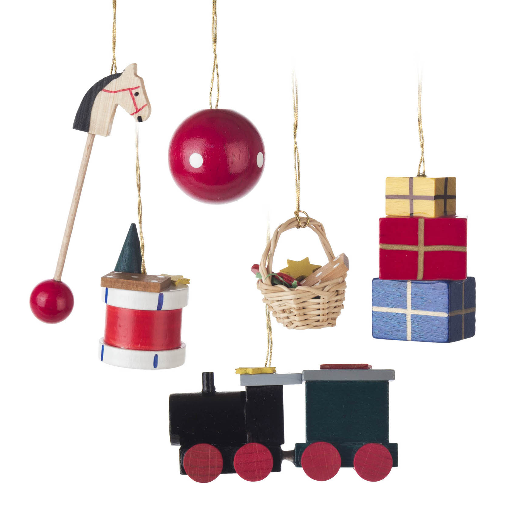 Fünf Holzspielzeug-Anhänger: Schaukelpferd, rote runde Kugel, bunter Trommel, Geschenkkiste und Zug, an goldenen Fäden hängend. im Dregeno Online Shop günstig kaufen