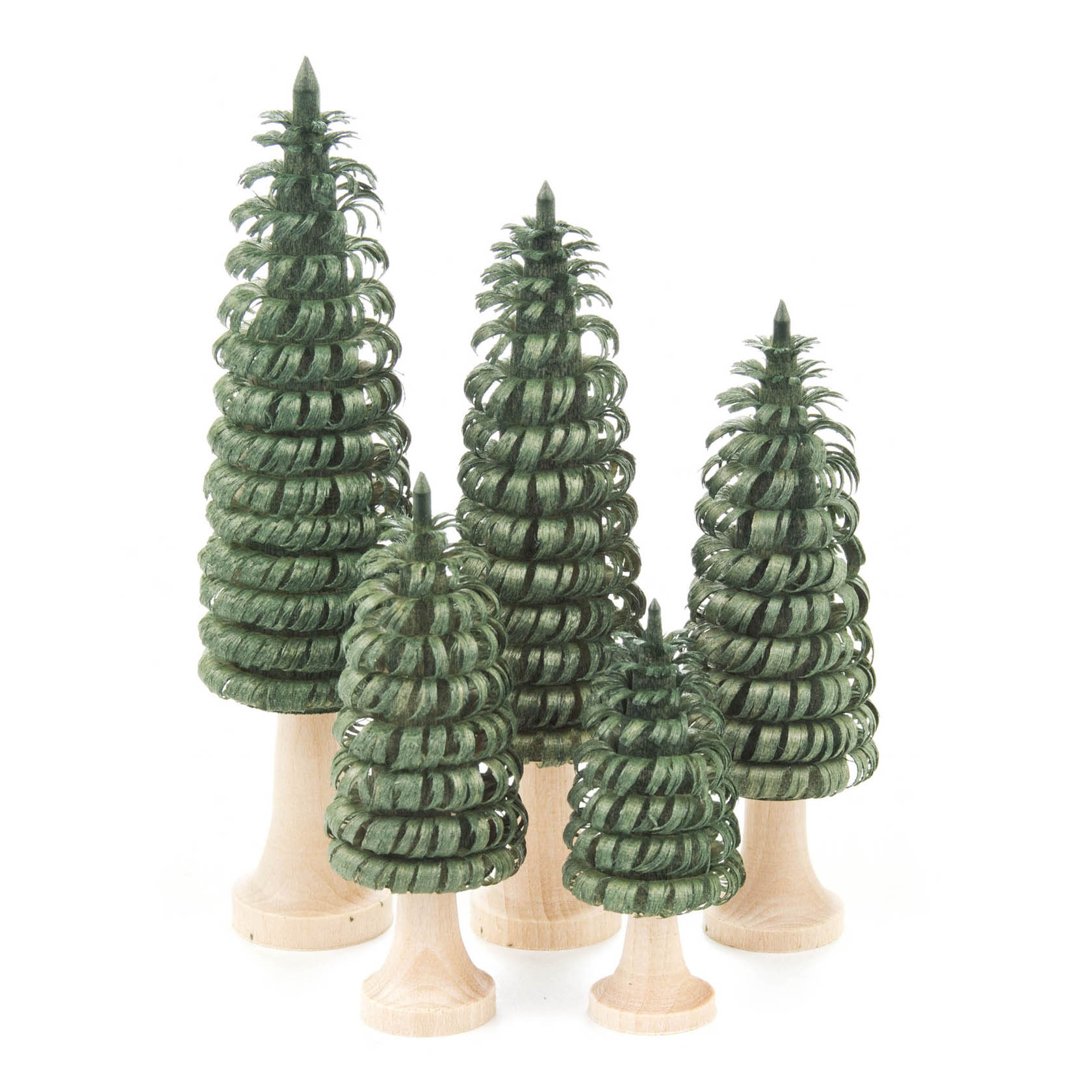 Fünf künstliche Ringelbäume in verschiedenen Größen mit grünem Laub und naturfarbenem Holzstamm. im Dregeno Online Shop günstig kaufen