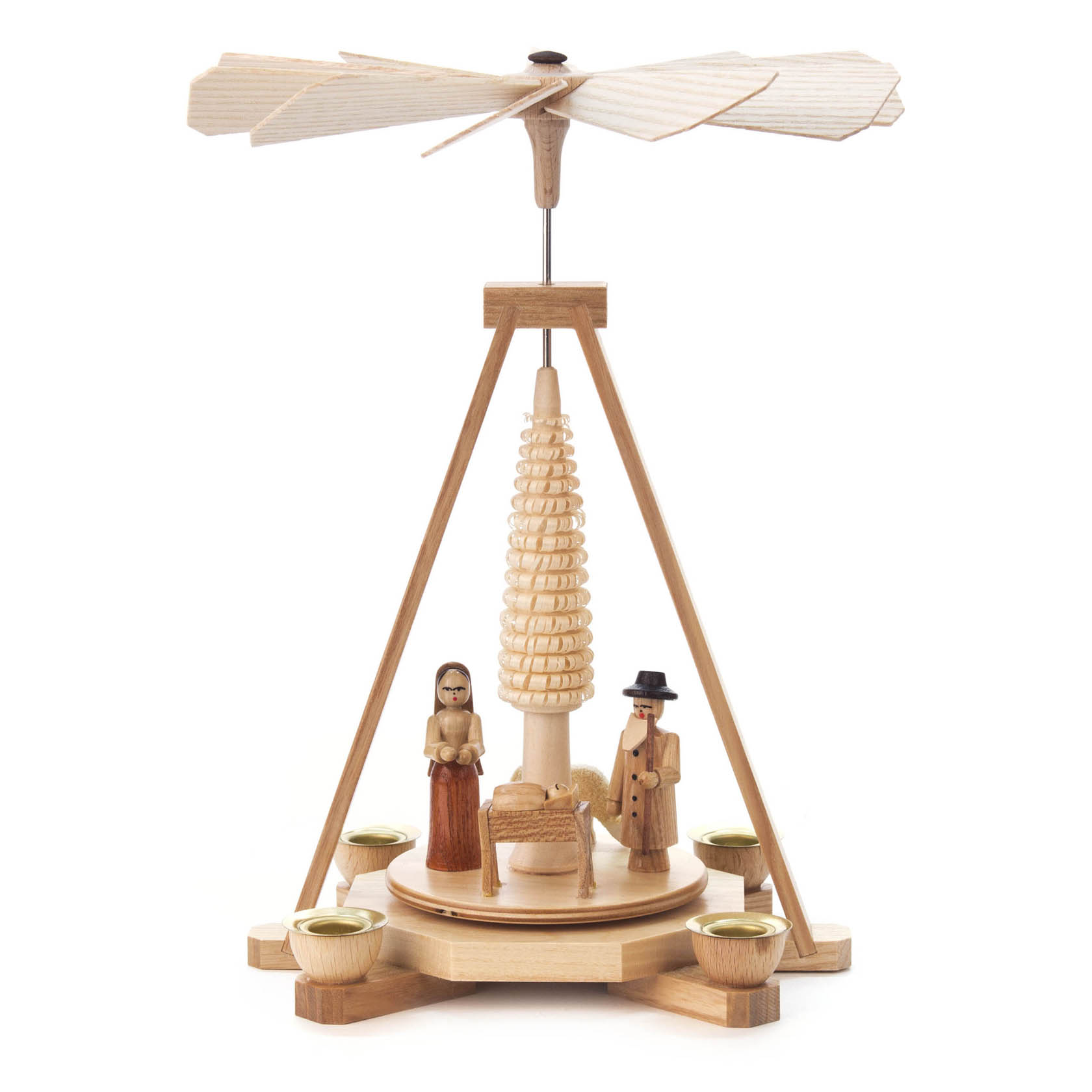 Holzpyramide mit Figuren der Christi Geburt, darunter Maria, Josef und das Jesuskind in der Krippe, mit Plätzen für 14mm Kerzen. im Dregeno Online Shop günstig kaufen