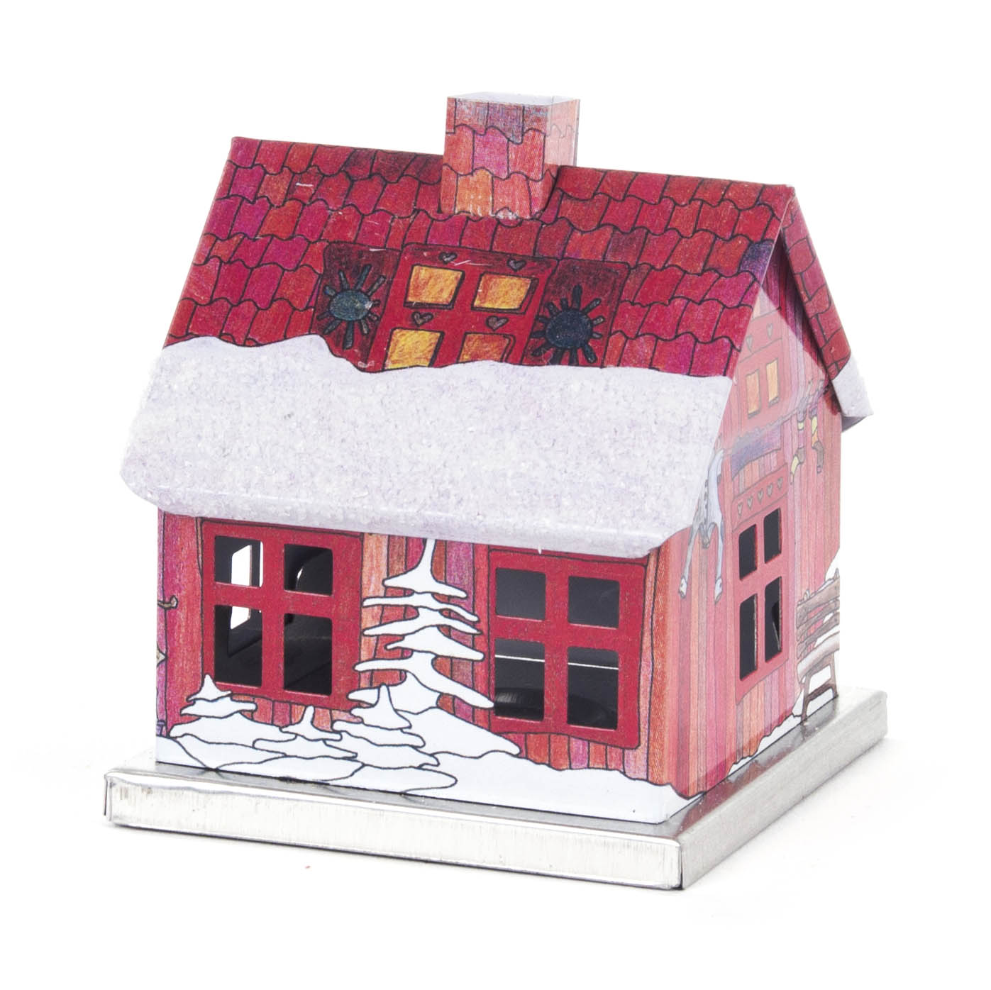 Ein kleines, rot gefärbtes Räucherhaus aus Metall mit Winterdekor. Es ist mit einer Schneeschicht auf dem Dach und weihnachtlichen Motiven verziert. im Dregeno Online Shop günstig kaufen