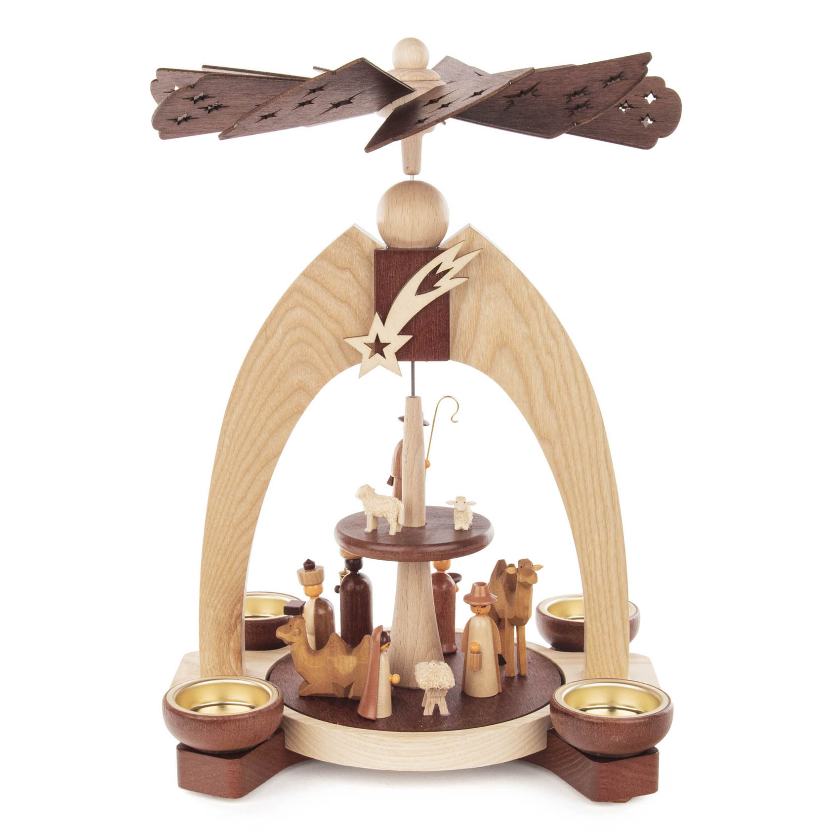 Zweistöckige Holzpyramide mit Teelichthaltern, zeigt die Geburt Christi mit Figuren wie Maria, Josef, das Jesuskind und die Heiligen Drei Könige. im Dregeno Online Shop günstig kaufen