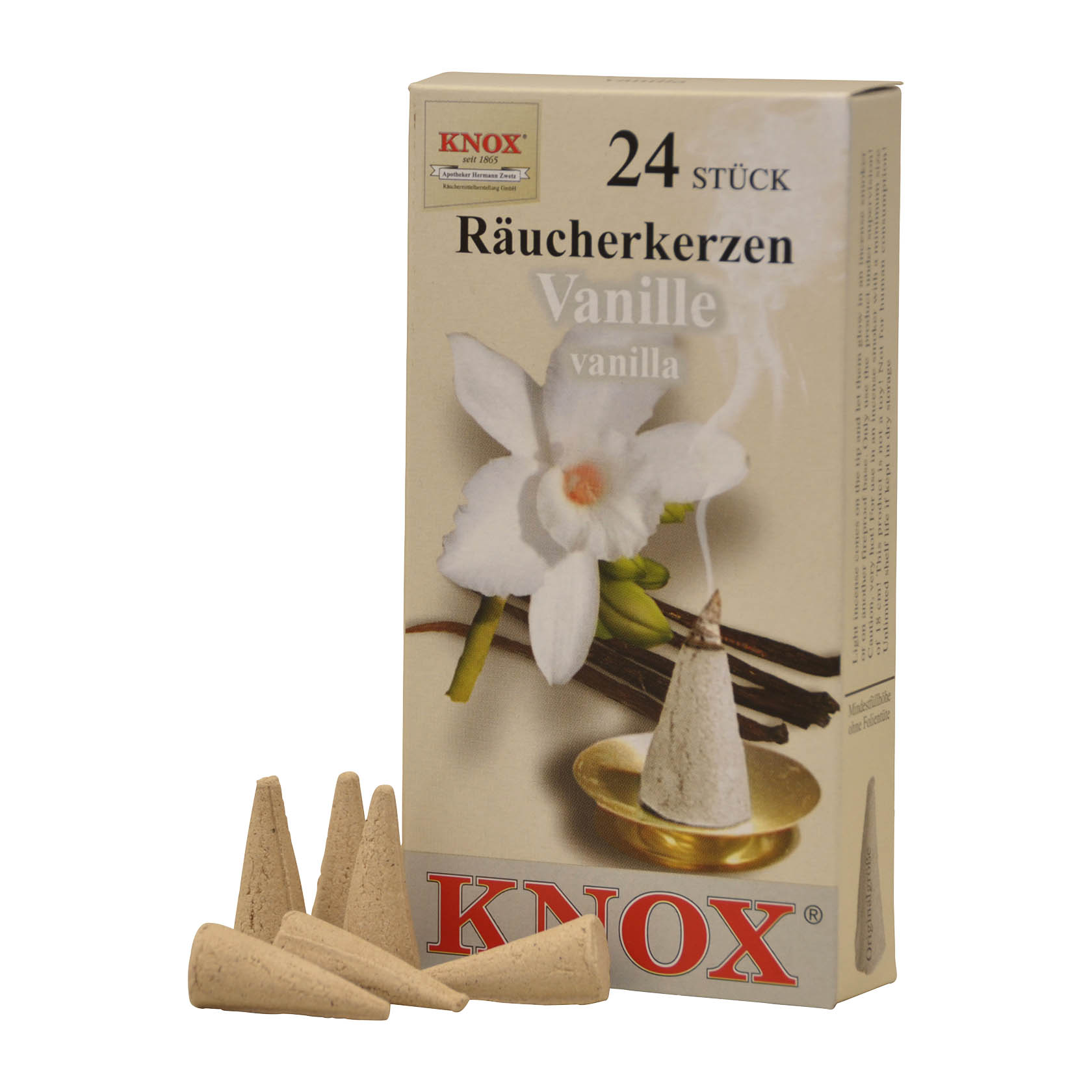 Verpackung von KNOX Räucherkerzen Vanille mit Abbildung einer weißen Orchideenblüte und brennenden Räucherkerzen. im Dregeno Online Shop günstig kaufen