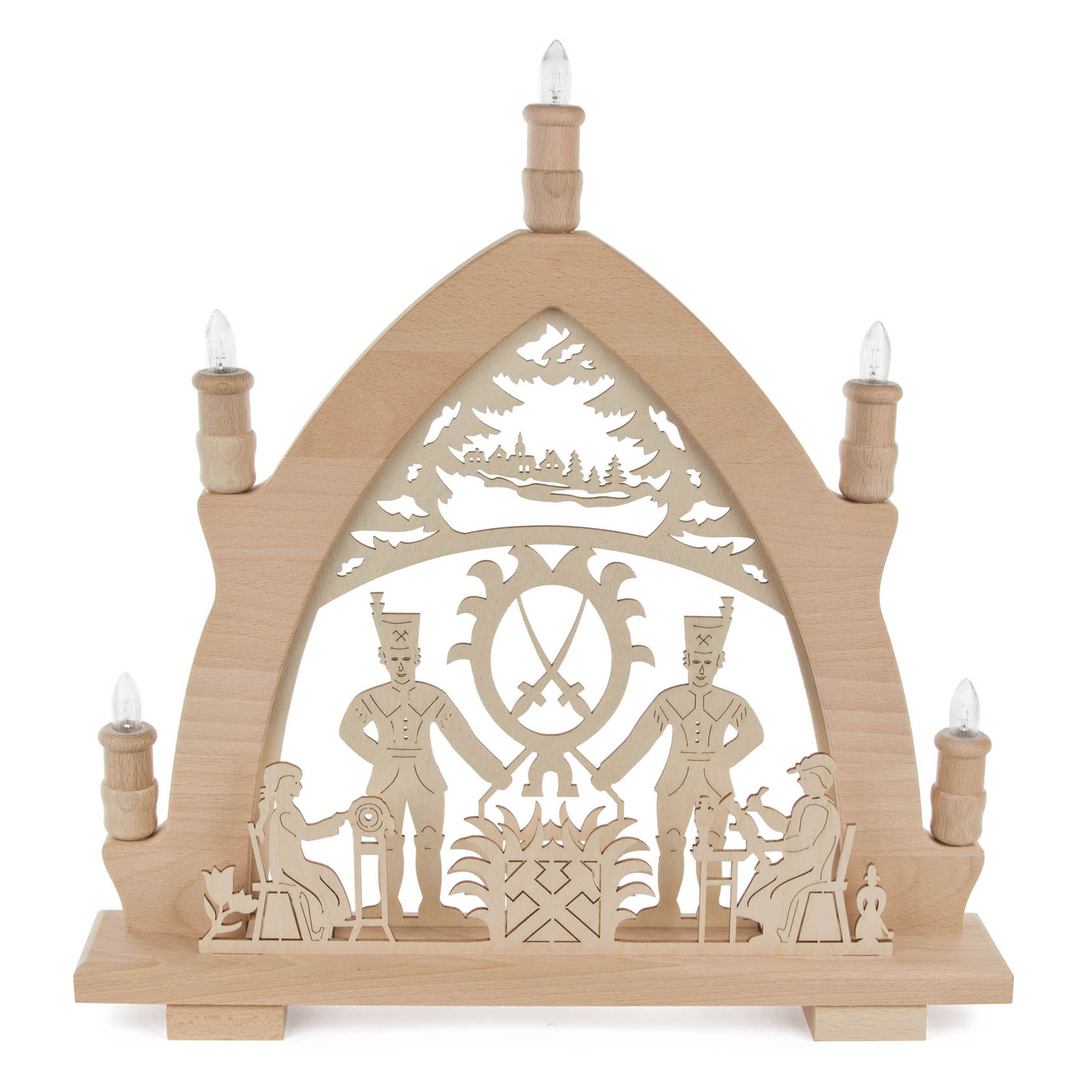 Ein elektrischer Leuchterbogen aus Holz mit fünf Kerzen, darauf ein filigranes Design mit Bergleuten und Werkzeugen, verziert mit Pflanzen- und Architekturmotiven. im Dregeno Online Shop günstig kaufen