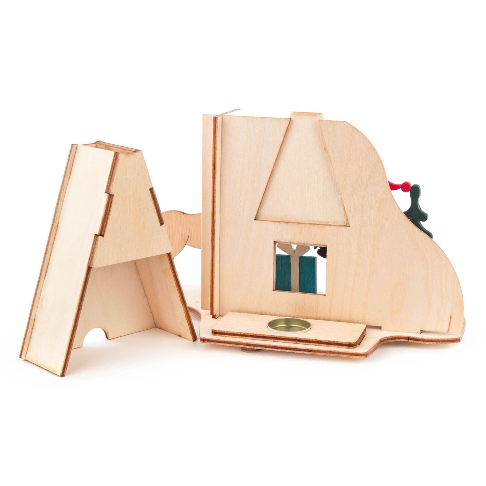 Wooden incense house DIY kit with Santa Claus and reindeer figures, partially assembled, showing the side structure and base with a candle holder.