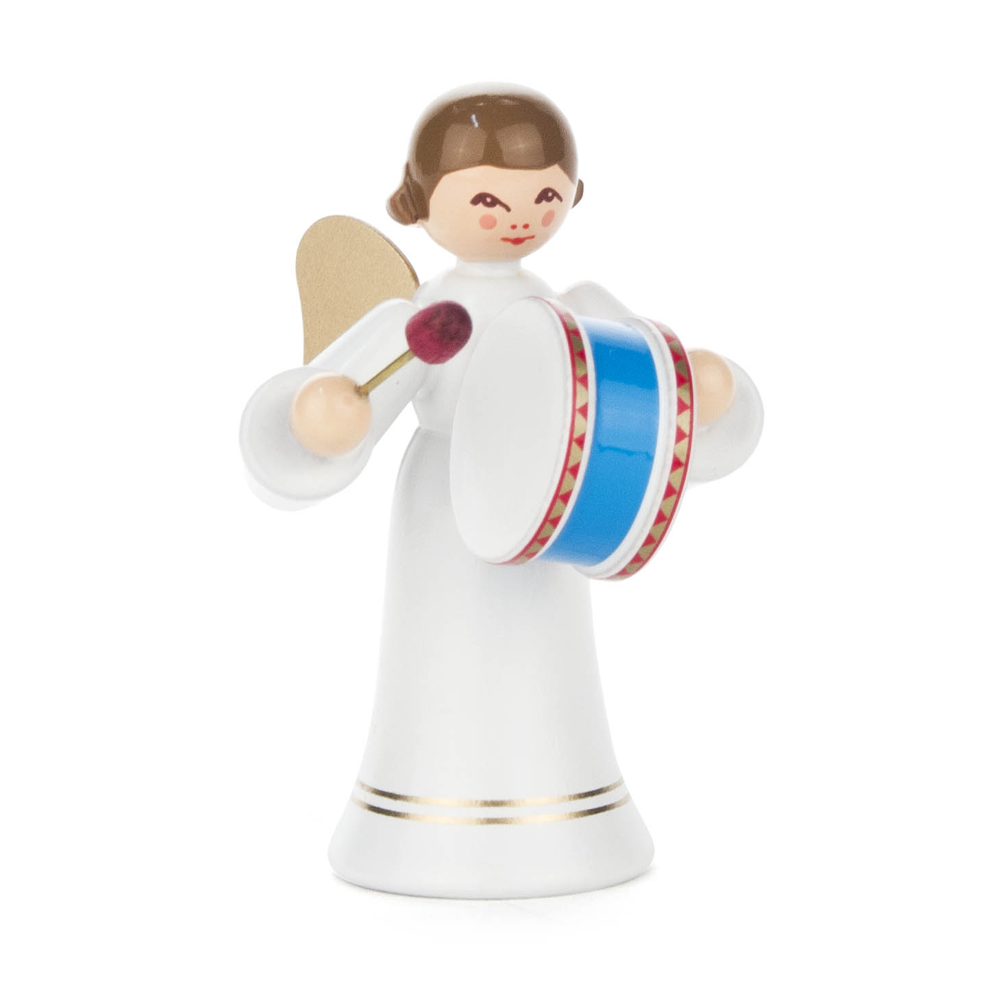 Figur eines Engels mit braunen Haaren, der eine große Trommel in Blau mit rotem Muster und einen Schlegel hält, trägt ein langes, weißes Kleid. im Dregeno Online Shop günstig kaufen