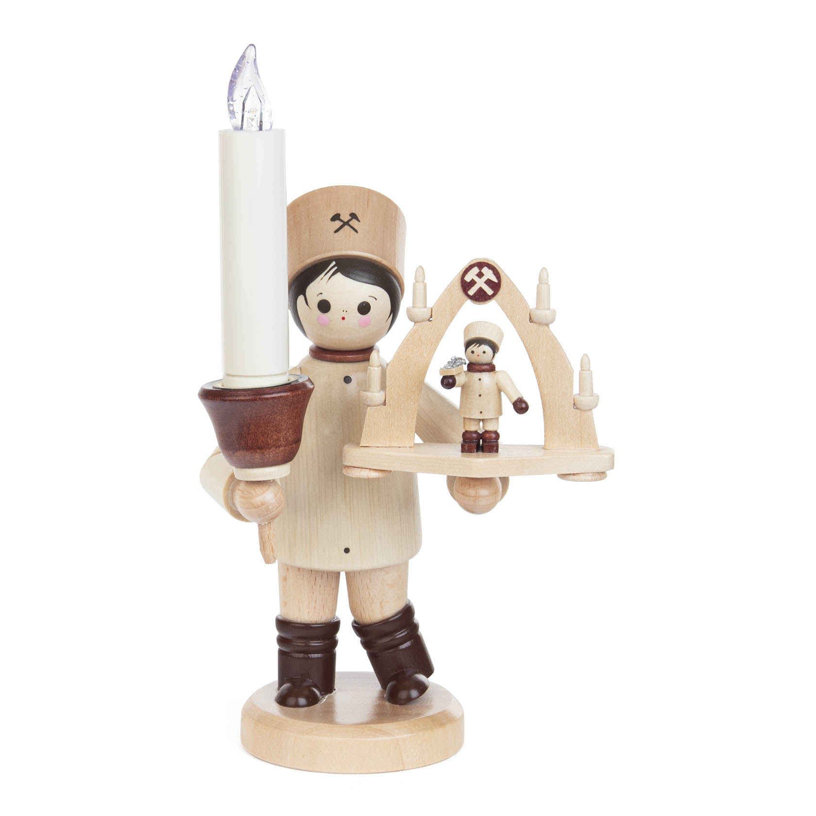 Wooden miner figure holding a traditional candle arch and a LUMIX LED candle, wearing a miner's hat and boots. im Dregeno Online Shop günstig kaufen