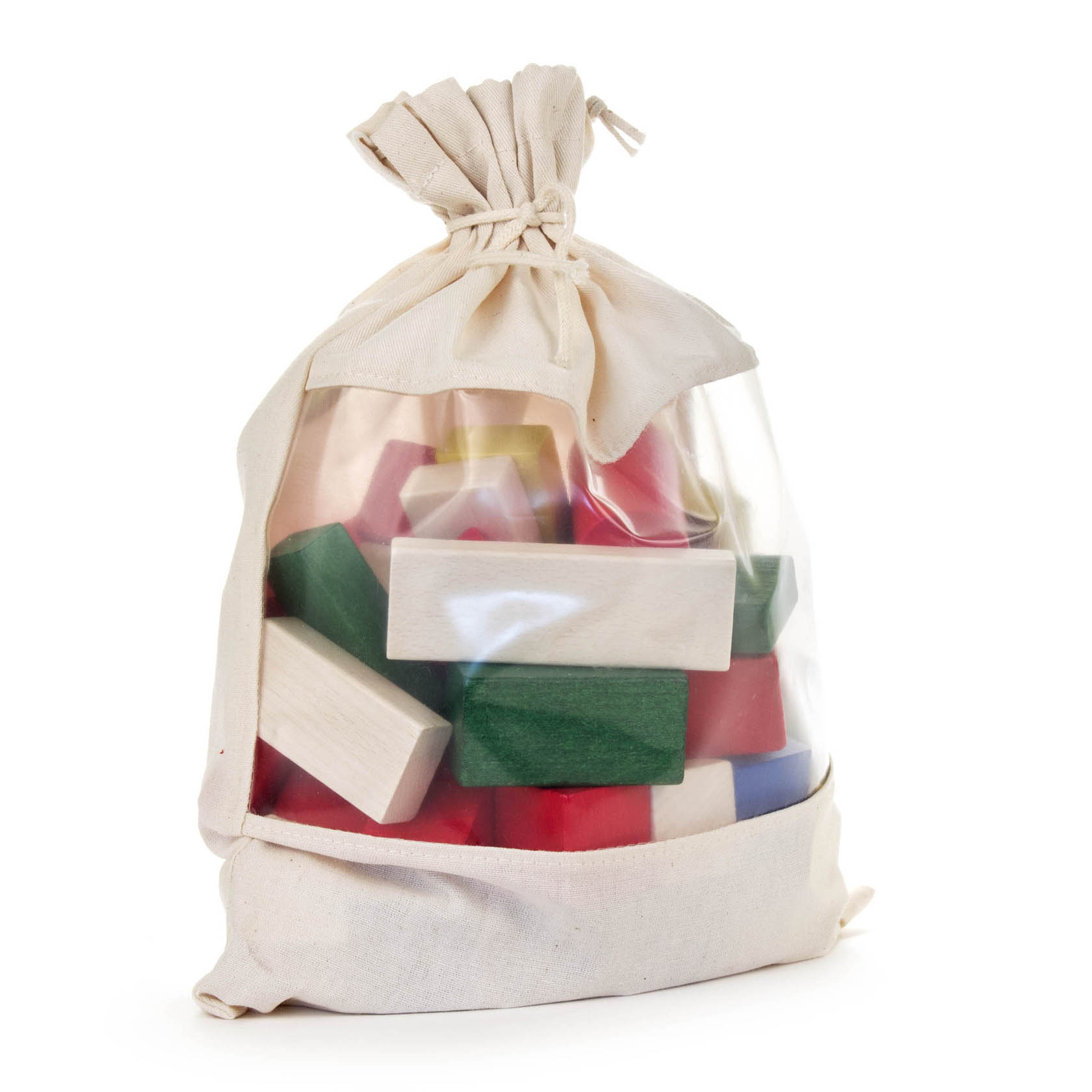 Ein durchsichtiger Beutel mit Kordelverschluss, gefüllt mit bunten Holzbausteinen. im Dregeno Online Shop günstig kaufen