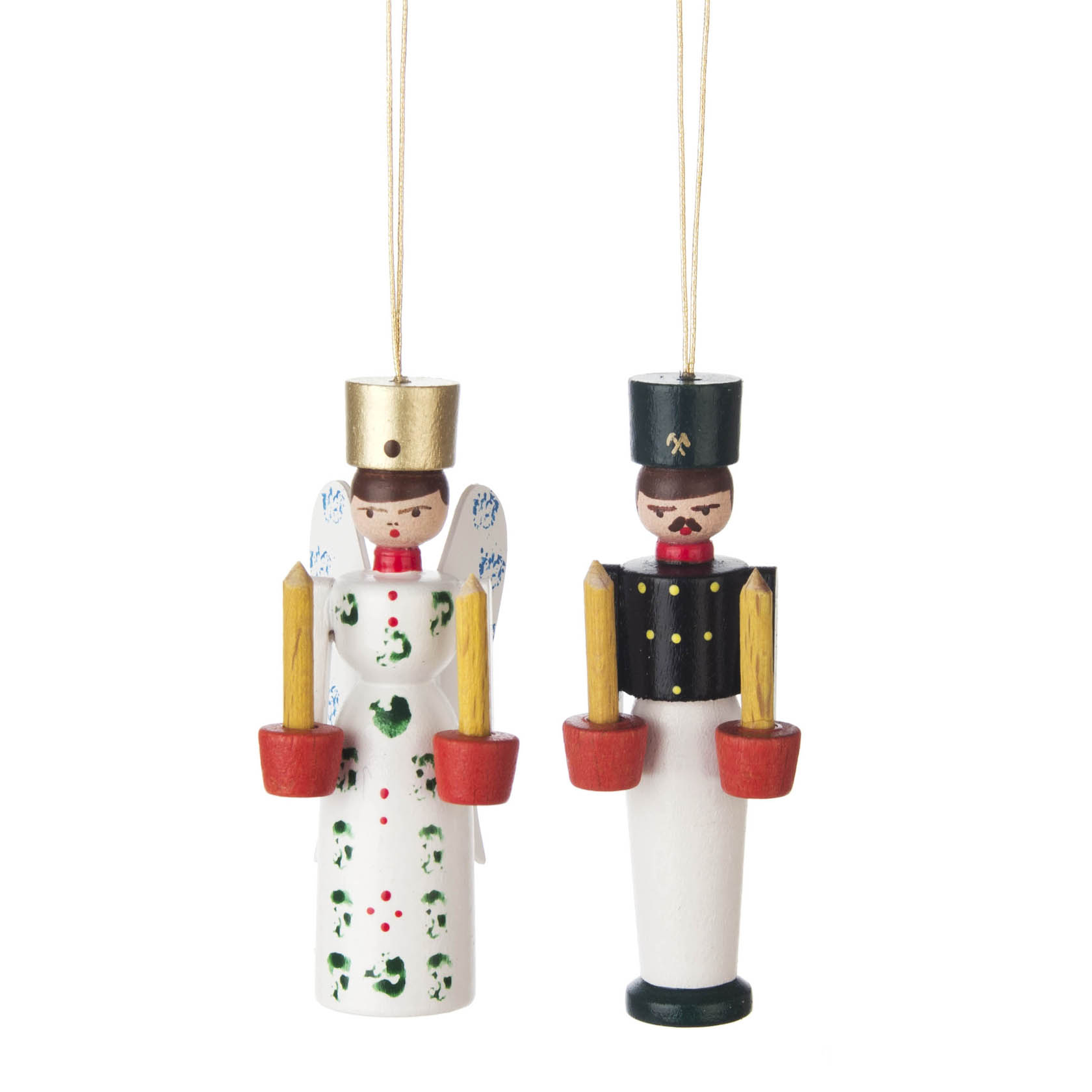 Zwei Holzfiguren als weihnachtlicher Baumschmuck: ein Engel in weißem Kleid mit goldener Krone und ein Bergmann in schwarzer Uniform mit zwei Kerzen. im Dregeno Online Shop günstig kaufen