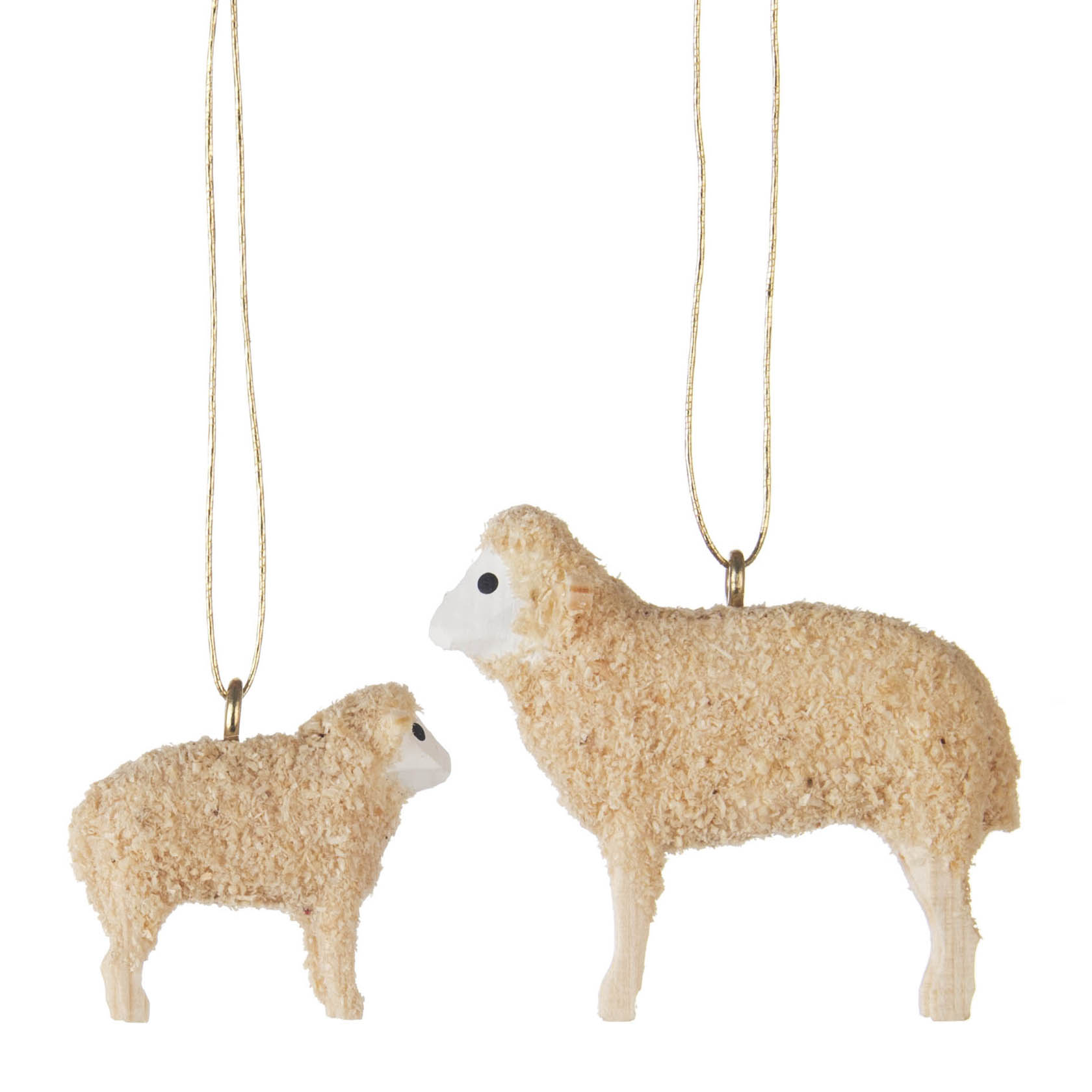 Zwei hängende Dekorationen aus Filz in Form eines Ostfriesischen Schafs, ein großes Schaf, das ein kleines Lamm anschaut. im Dregeno Online Shop günstig kaufen