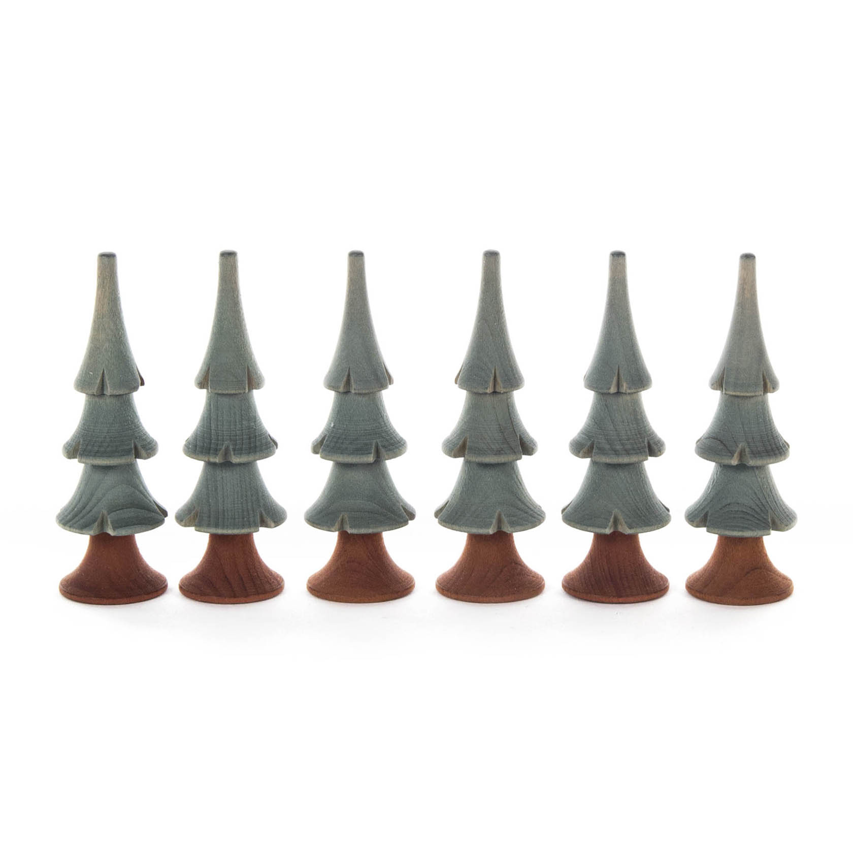 Fünf grüne, stilisierte Dekotannenbäume aus Holz mit braunen Stämmen, jeweils etwa 8 cm hoch, in einer Reihe aufgestellt. im Dregeno Online Shop günstig kaufen