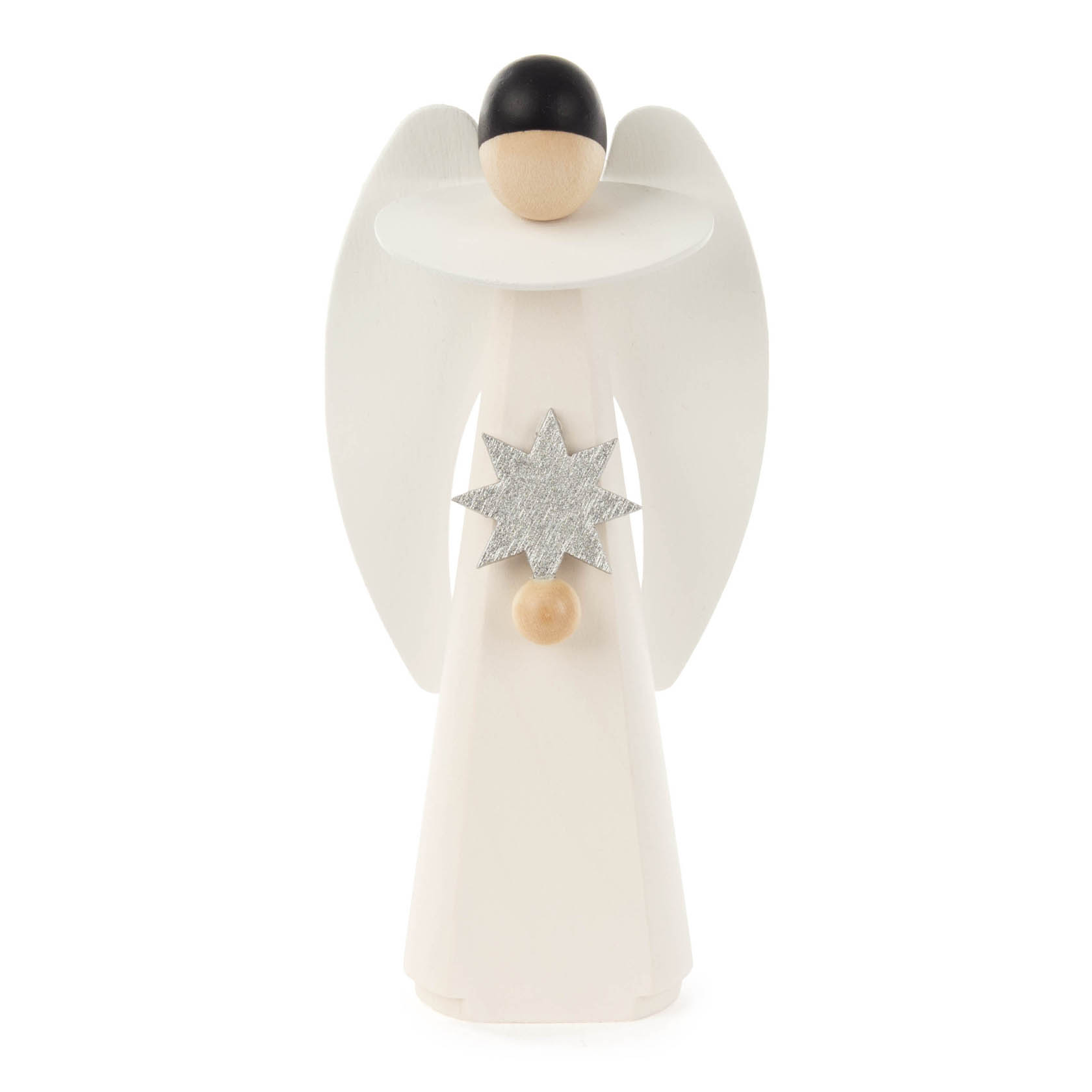 A white wooden angel figurine with a black head, silver star on its chest, and simple design. The angel has large wings and a spherical base. im Dregeno Online Shop günstig kaufen